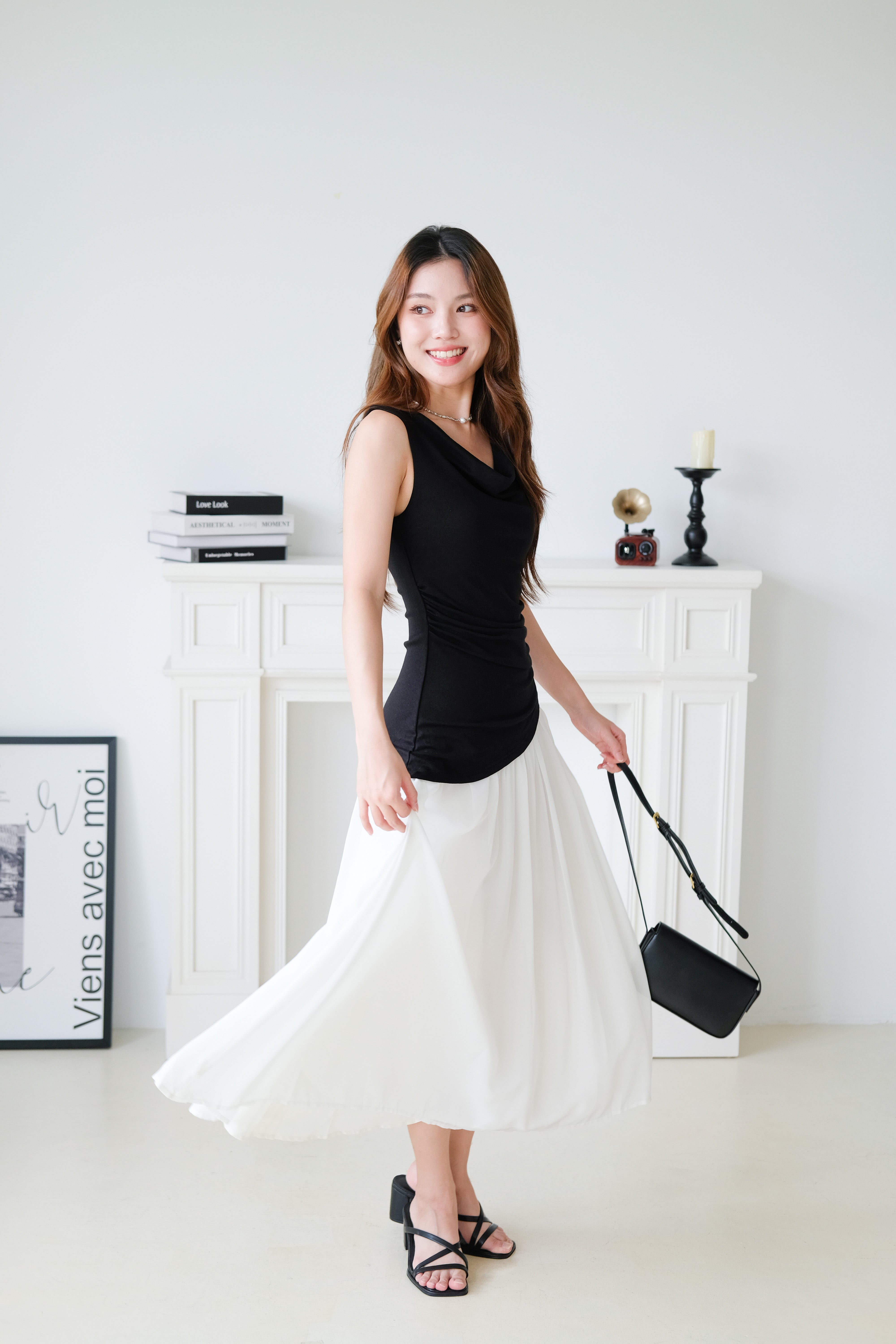 Soleil Contrast Asymmetrical Dress (Black)