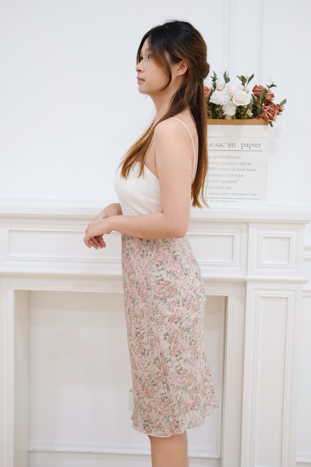 Khaki Floral Knee Length Skirt