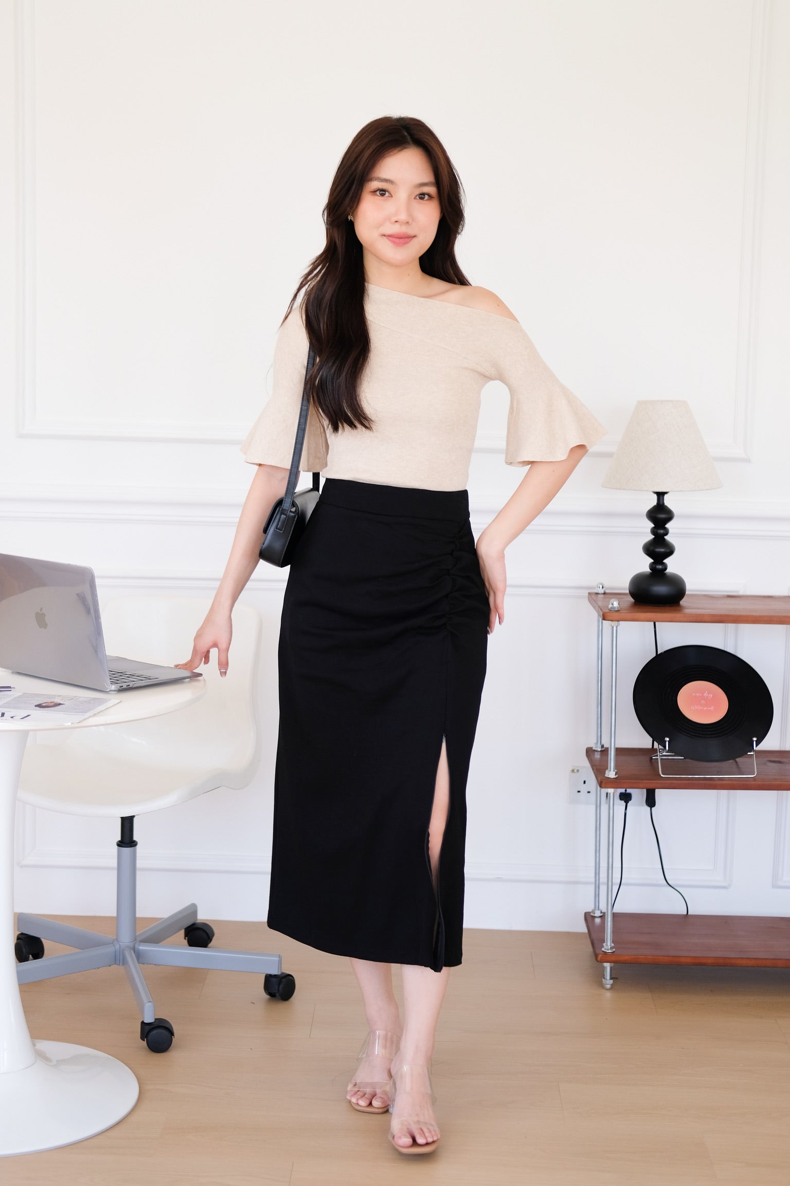 Elva Bell Sleeves Knit Top (Khaki)