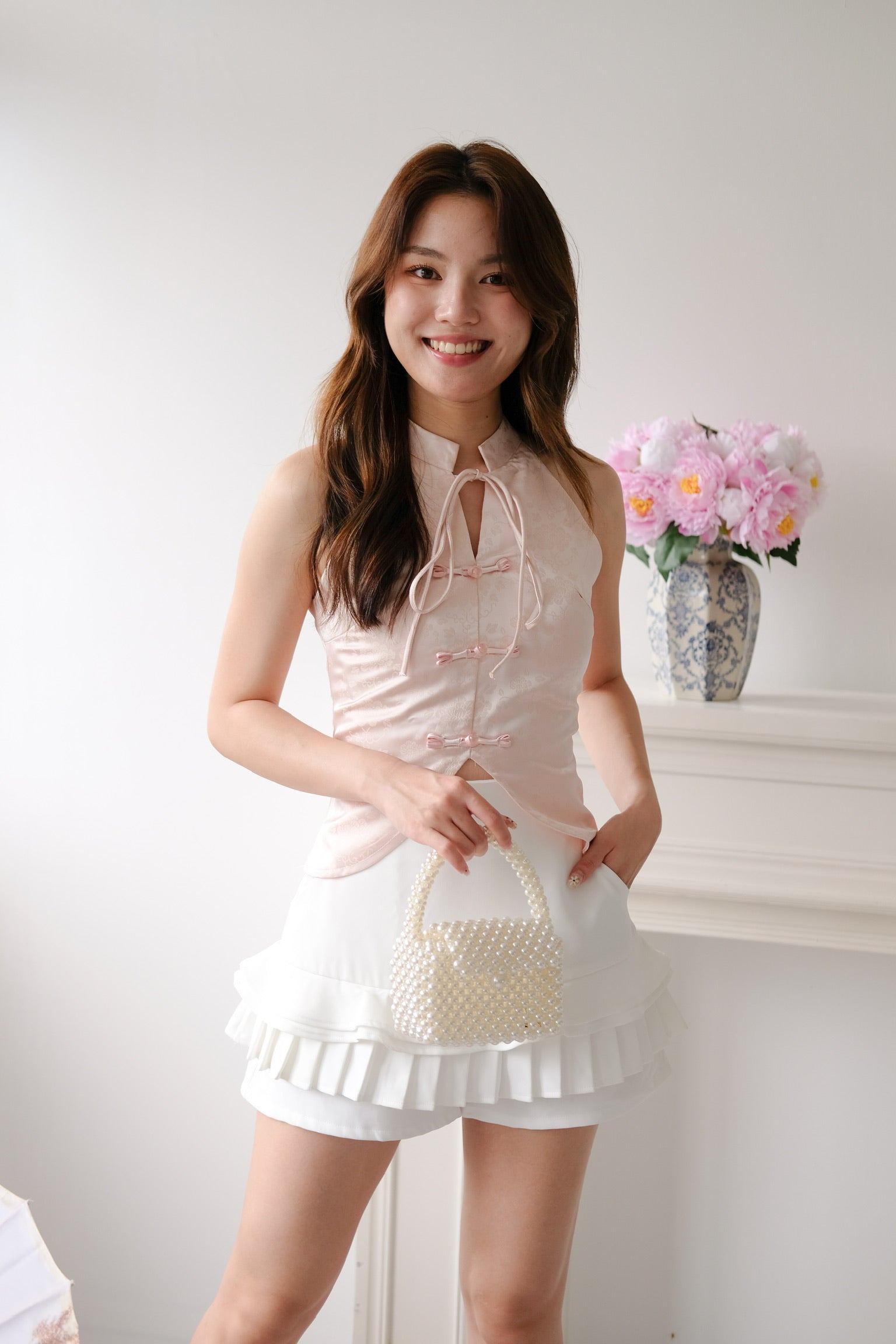 Ning Xia Ribbon Cheongsam Top (Baby Pink)