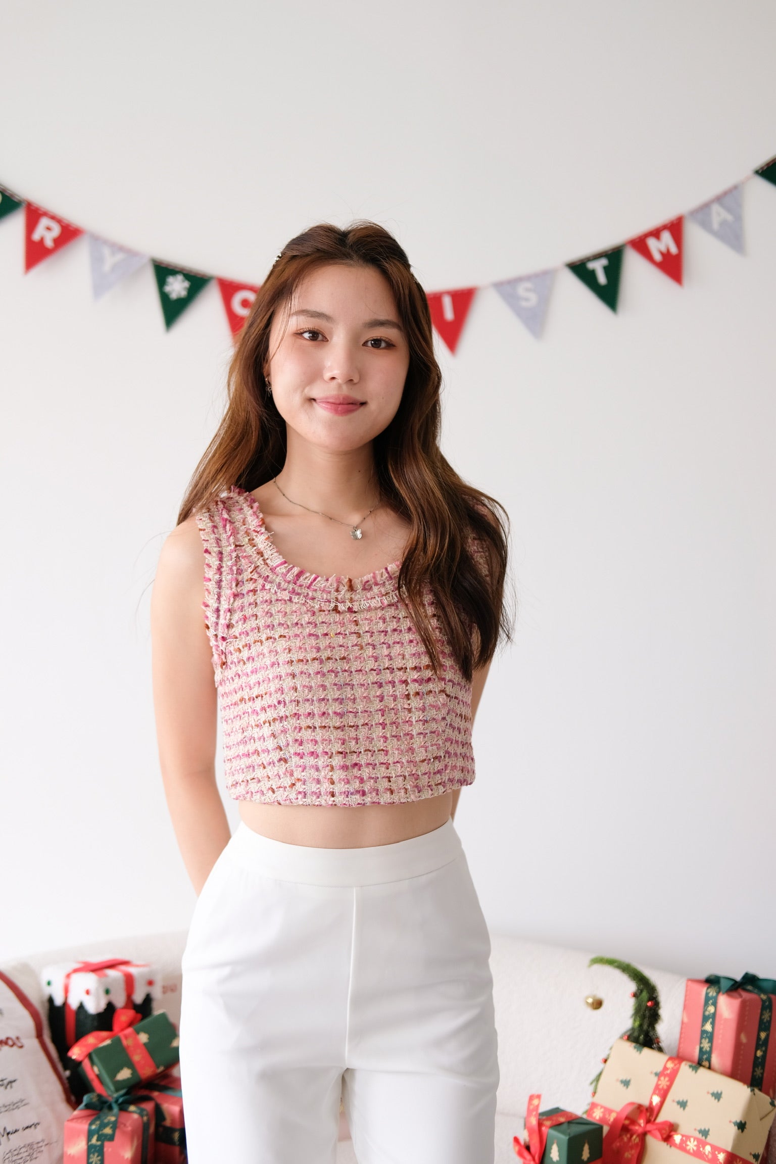Mirea Frills Tweed Crop Top (Magenta)