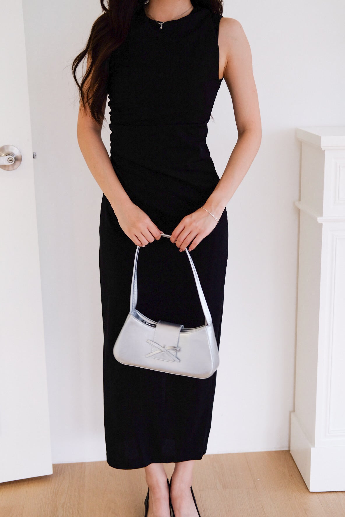 Brianna Ruched Jewel Bodycon Maxi Dress (Black)