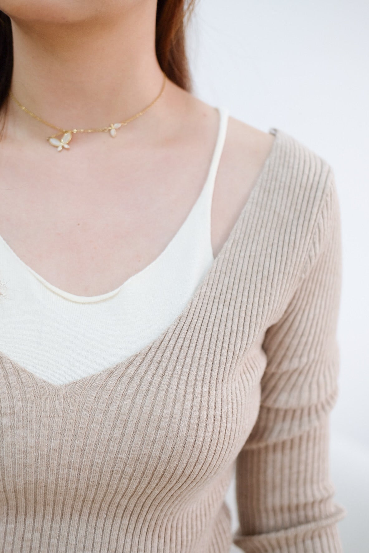 Khaki Knit 2 in 1 Long Sleeves Top