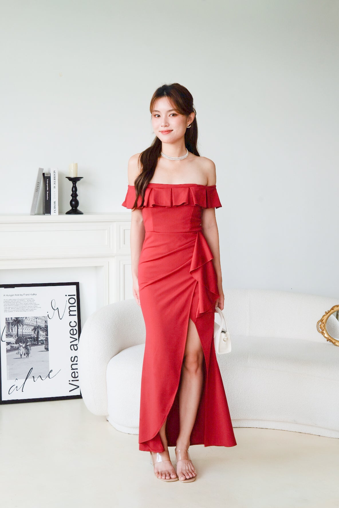 Dione Off Shoulder Slit Dinner Maxi Dress (Wine)