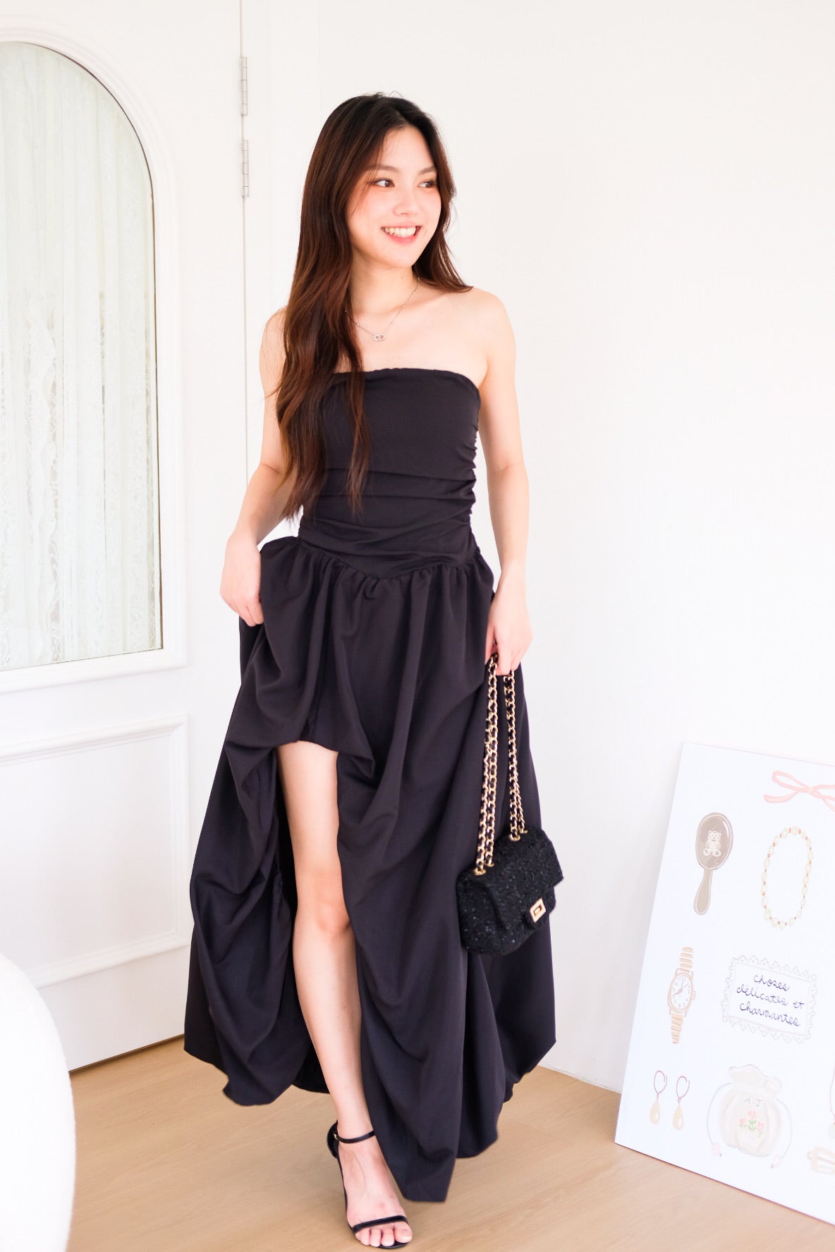 Vianna Asymmetrical Slit Bubble Maxi Dress (Black)
