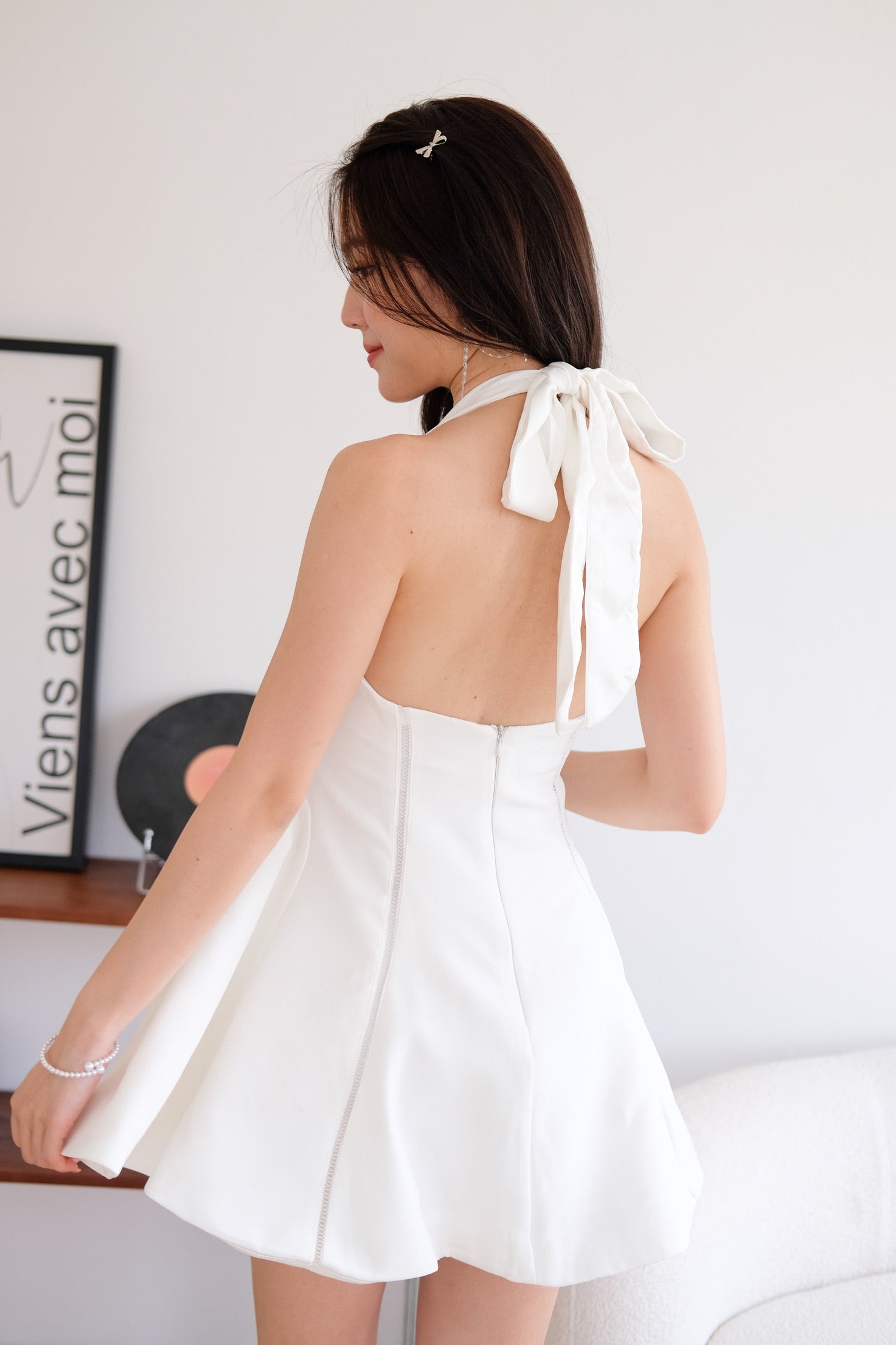 Violette Self Tie Halter Skater Dress (White)