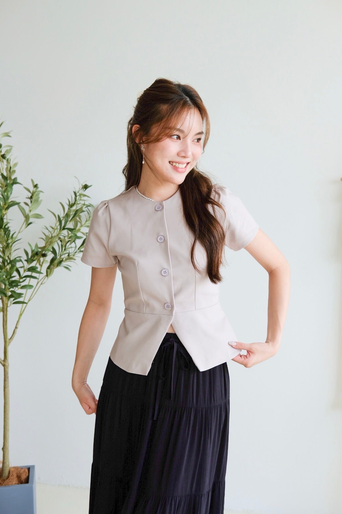 Marcy Structured Peplum Blouse (Purplish Grey)