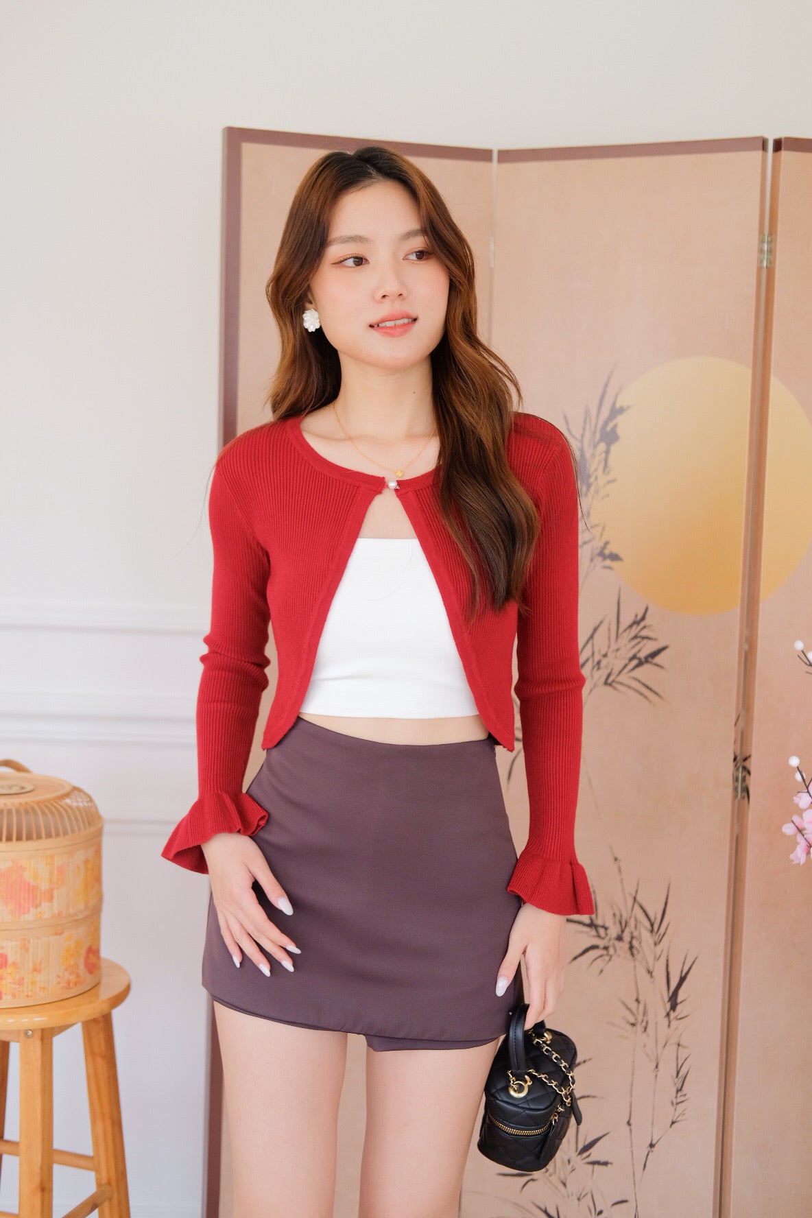 Corrine Bell Sleeves Cropped Cardigan (Wine)
