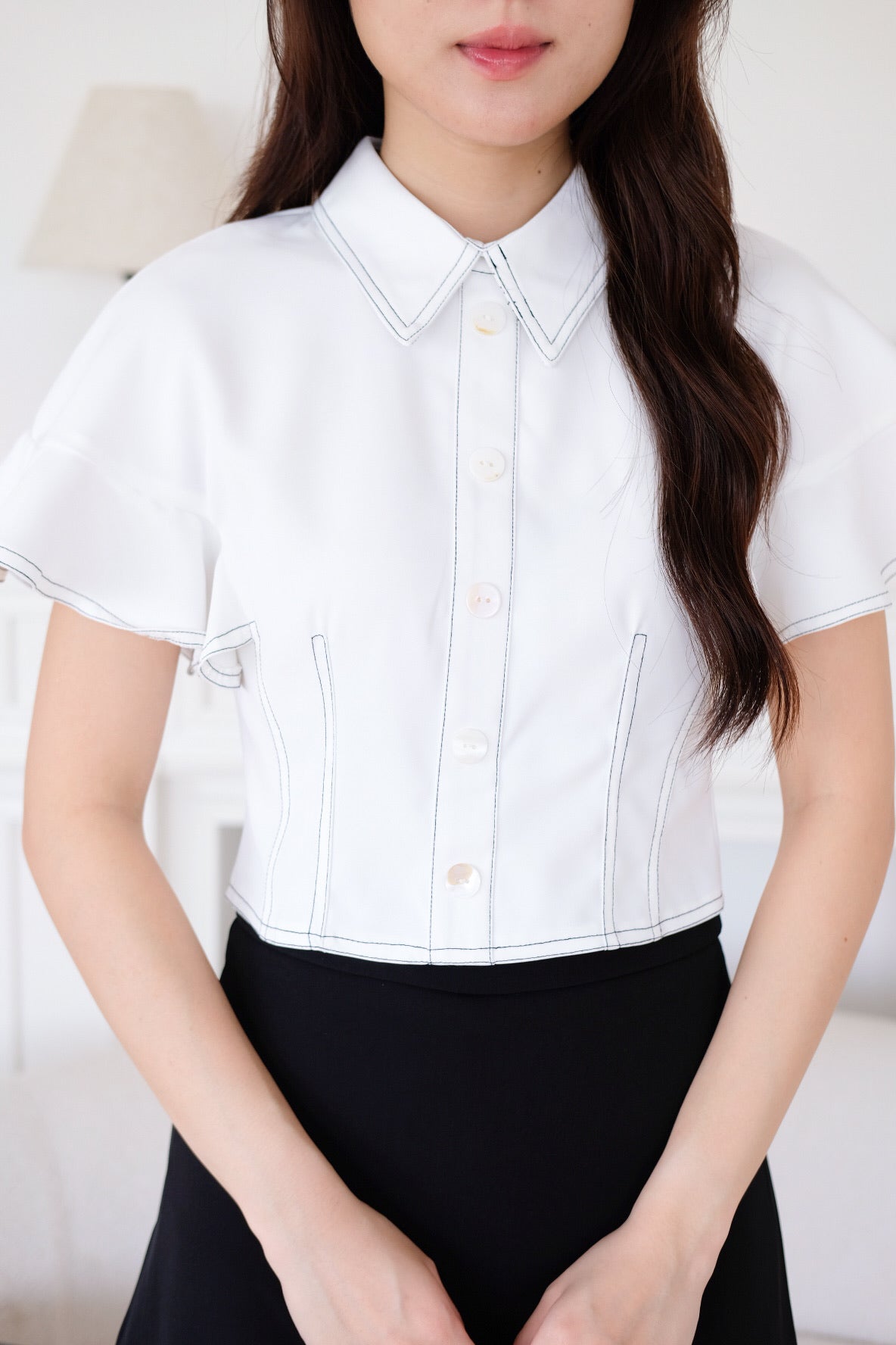 Juliana Contrast Flutter Sleeves Top (White)