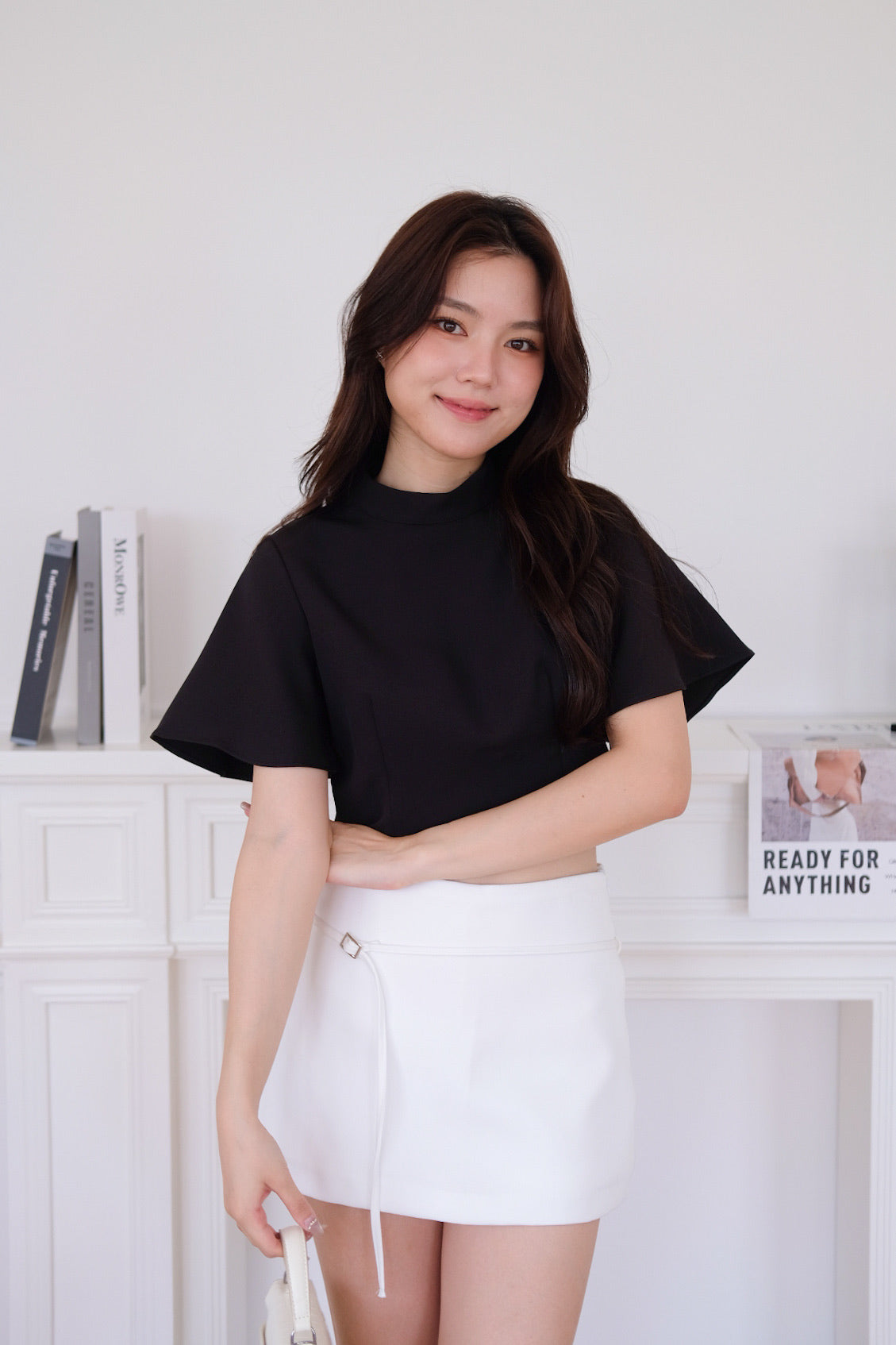 Veena Flutter Sleeves High Neck Top (Black)
