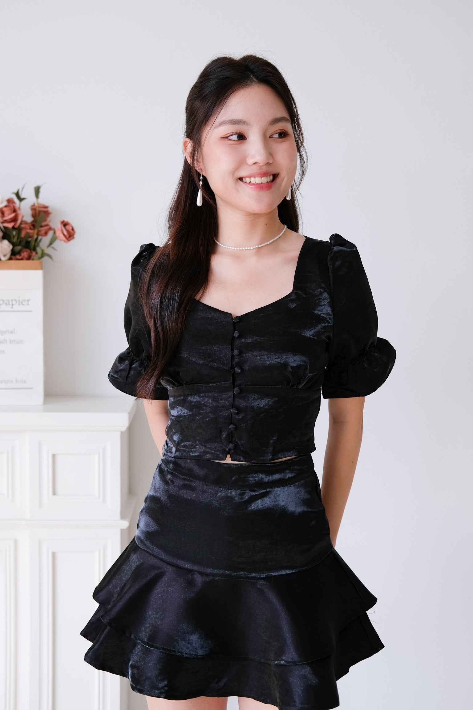 Lush Shimmer Satin Flare Set (Black)