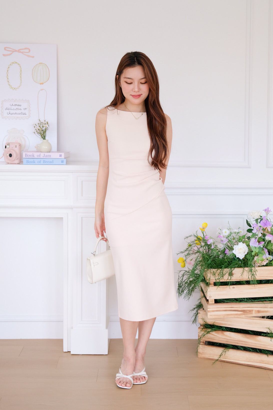 Felicia Boatneck Ruched Maxi Dress (Warm Beige)