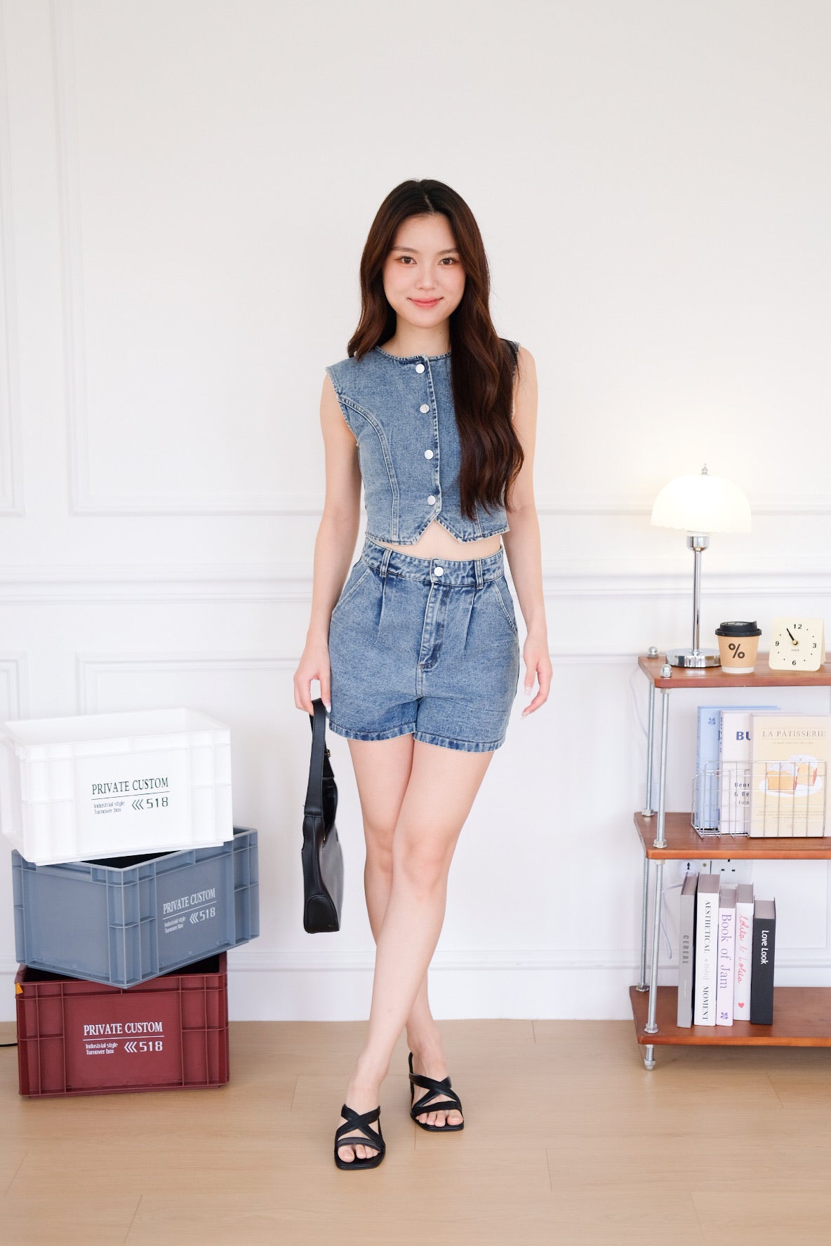 Velina Denim Vest Set (Light Blue)