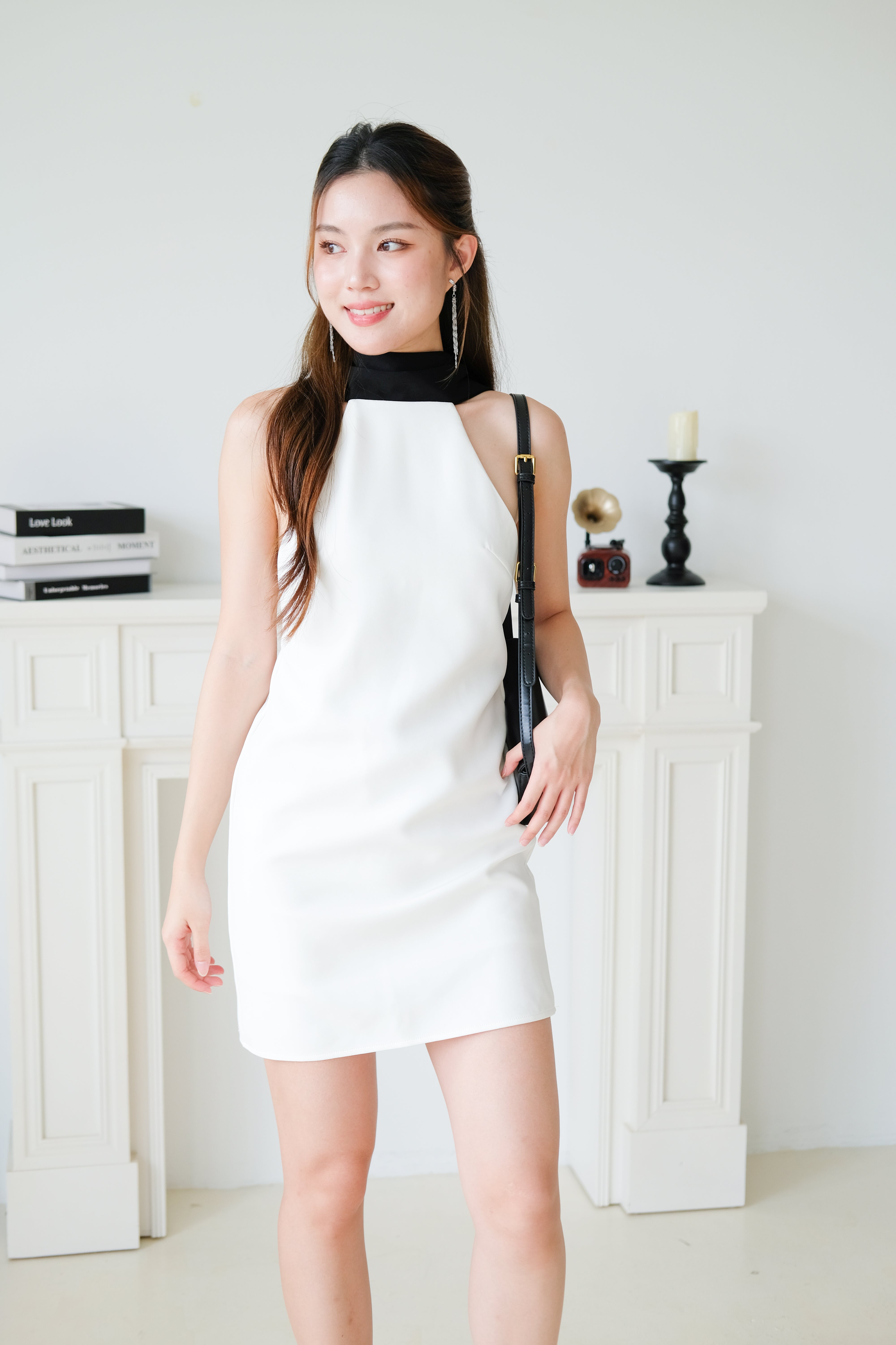 Axelle Contrast Bareback Halter Dress (White)