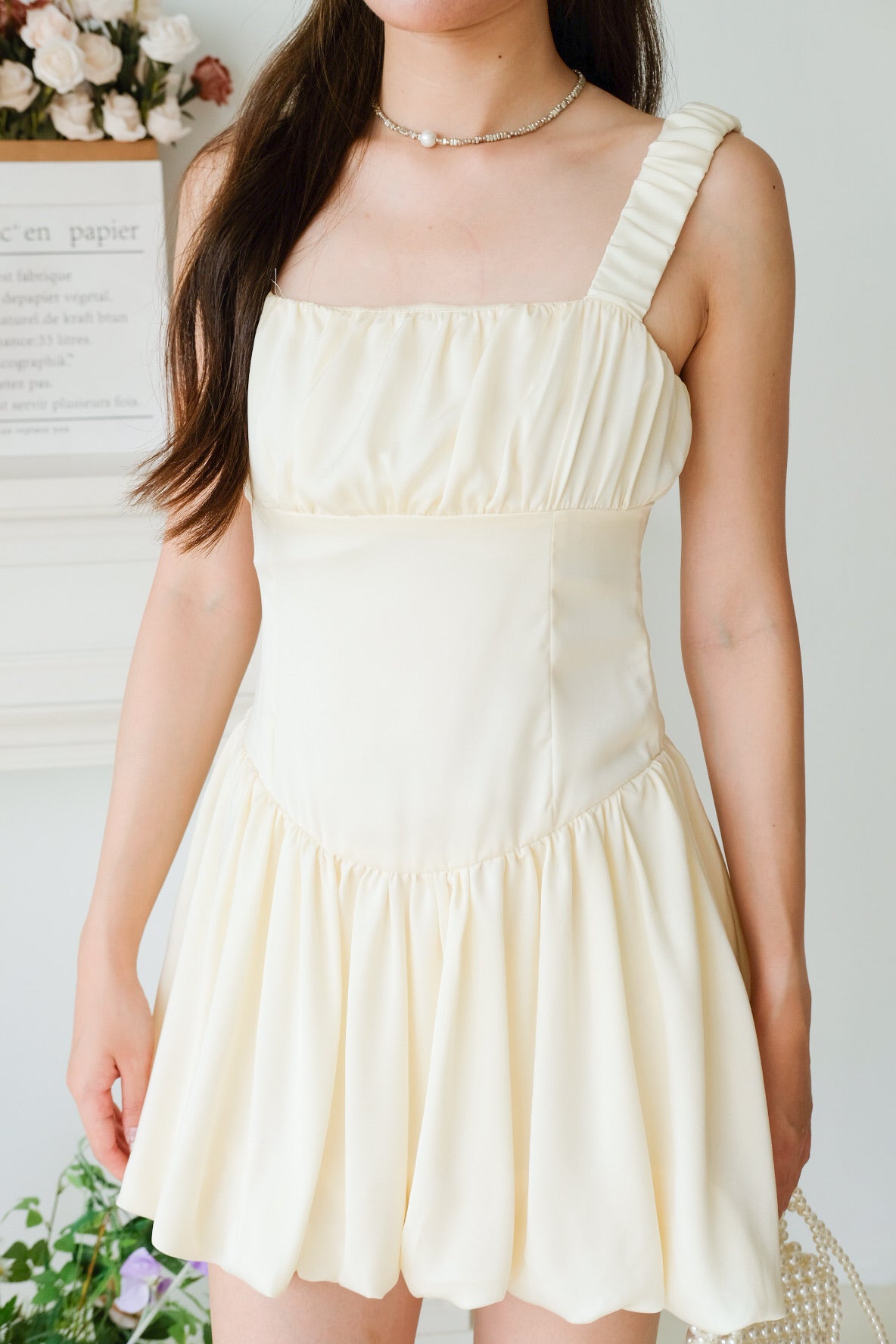 Alesha Ruched Bubble Skater Dress (Pale Yellow)