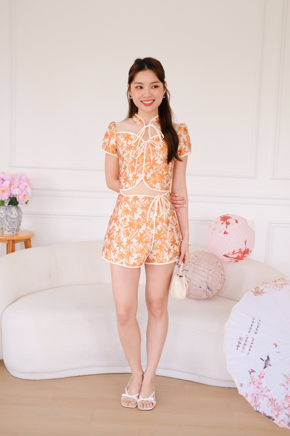 财源滚滚 Fortune Ribbon Floral Cheongsam Set (Tangerine)