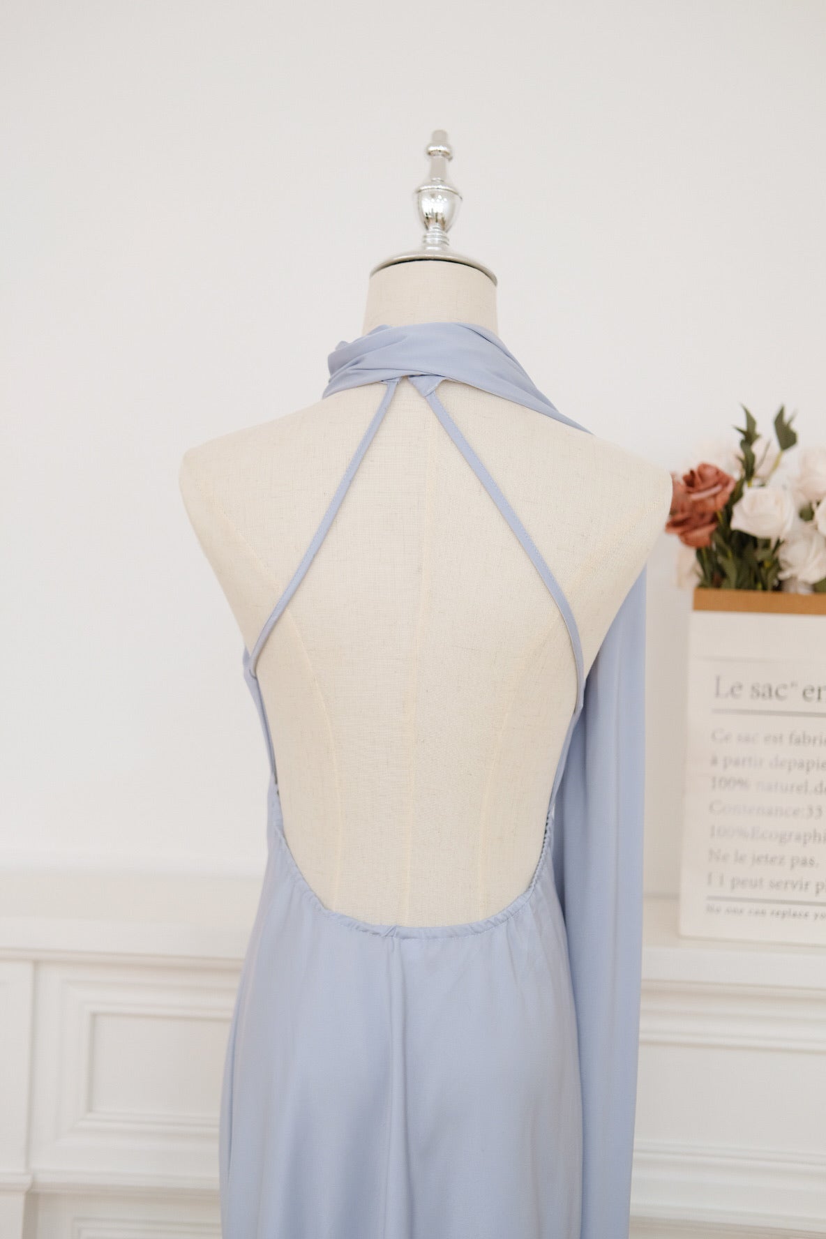Blue Halter Bareback Satin Dress