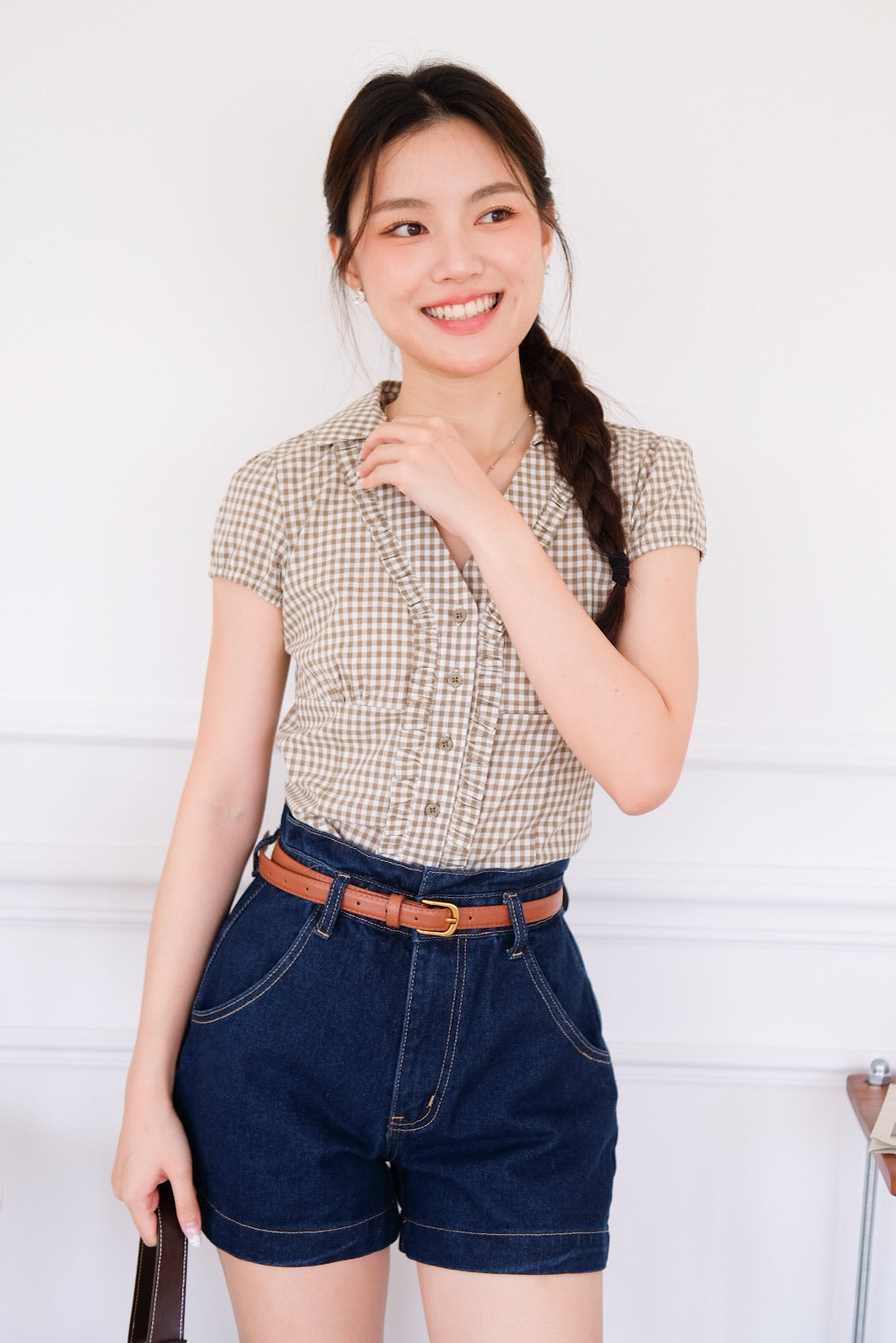 Marais Collared Ruffle Blouse Top (Gingham Olive)