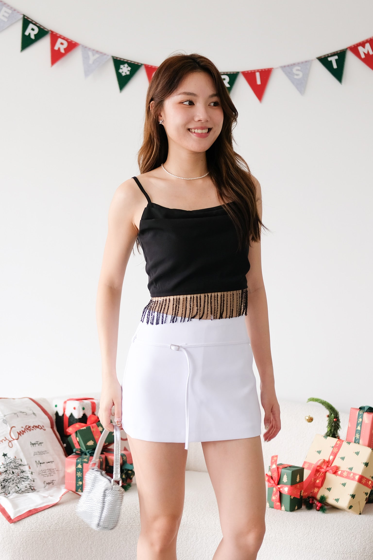 Amaria Embellished Tassel Crop Top (Black)
