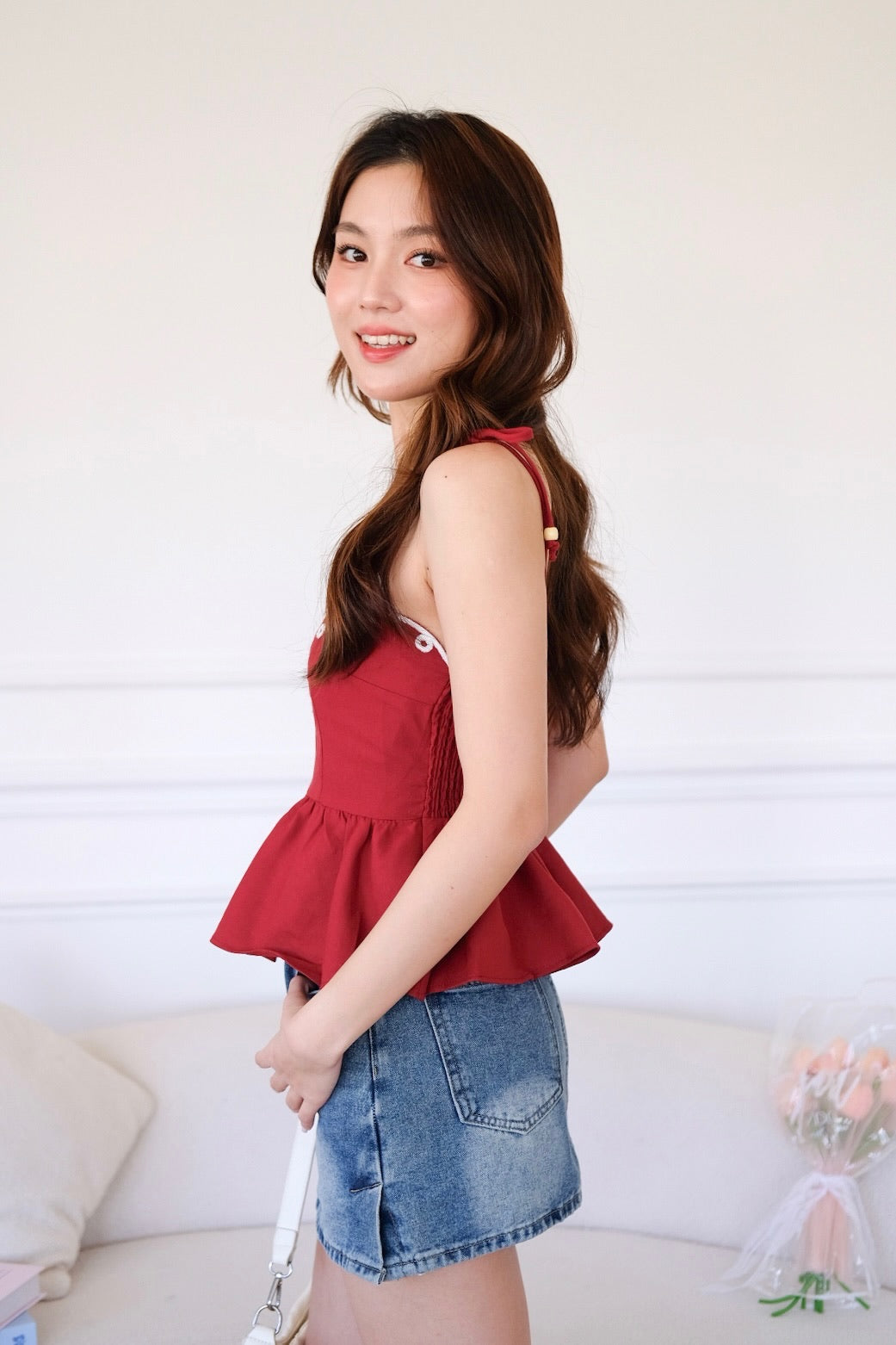Lyanne Eyelet Linen Peplum Top (Maroon)