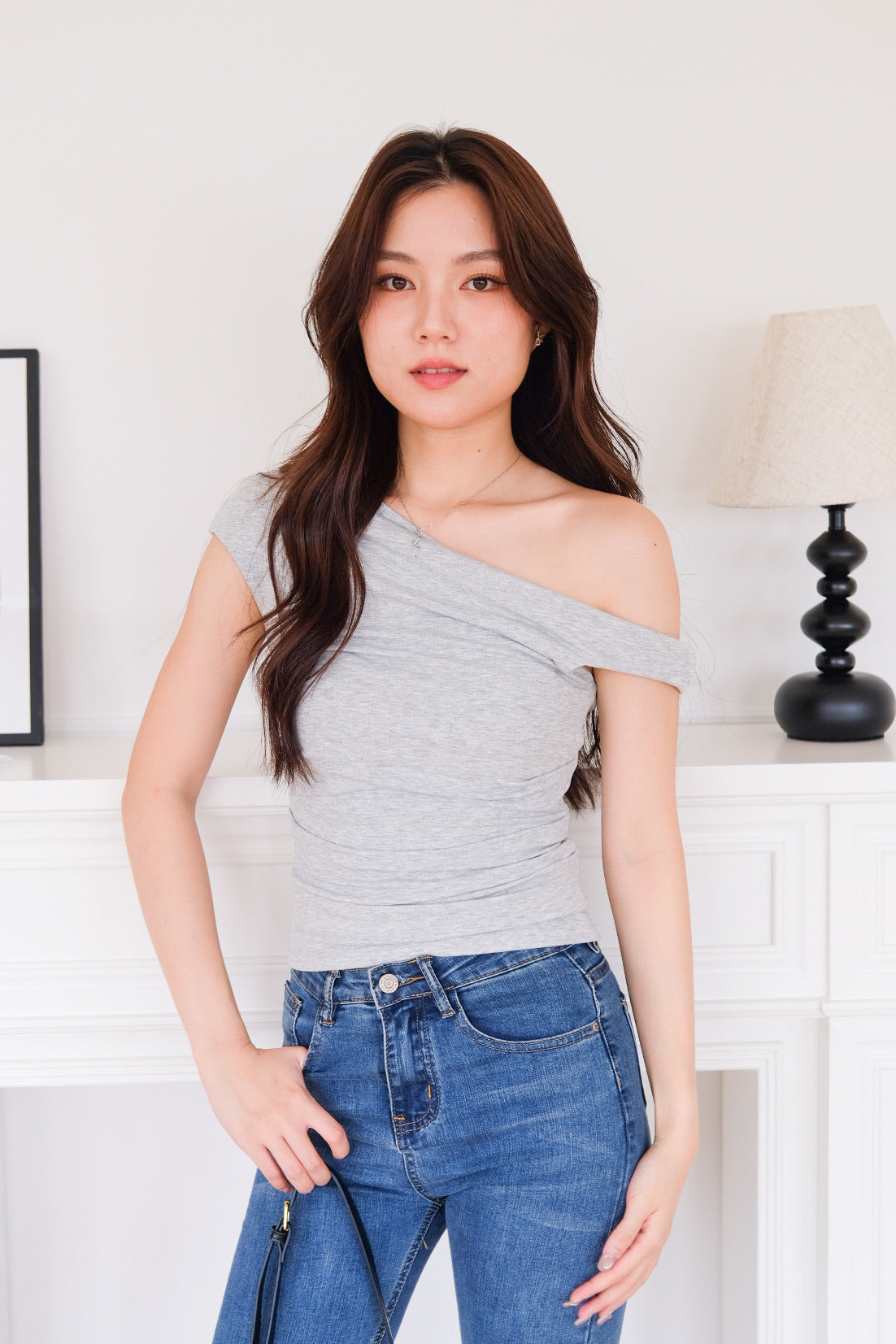 Deborah One Shoulder Ruched Top (Light Grey)