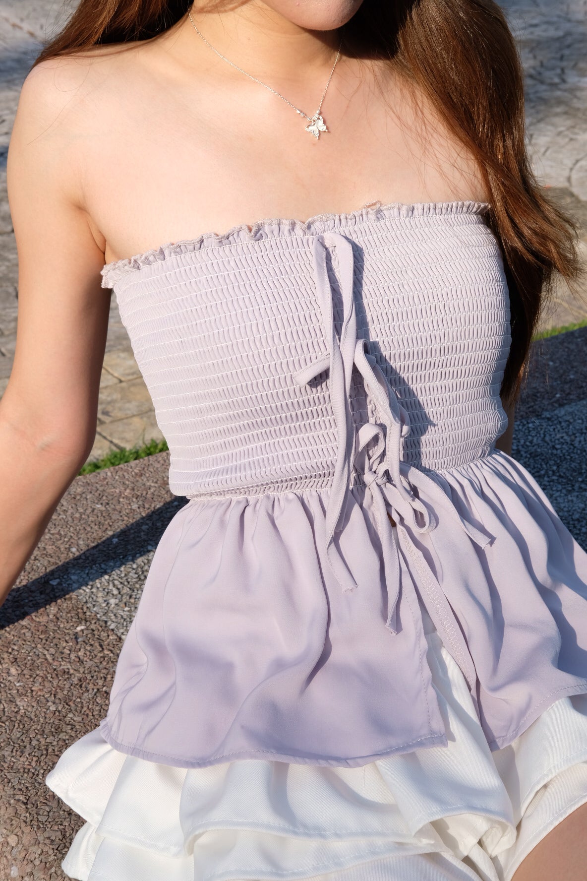 Althea Smocked Bow Tube Top (Purplish Grey)