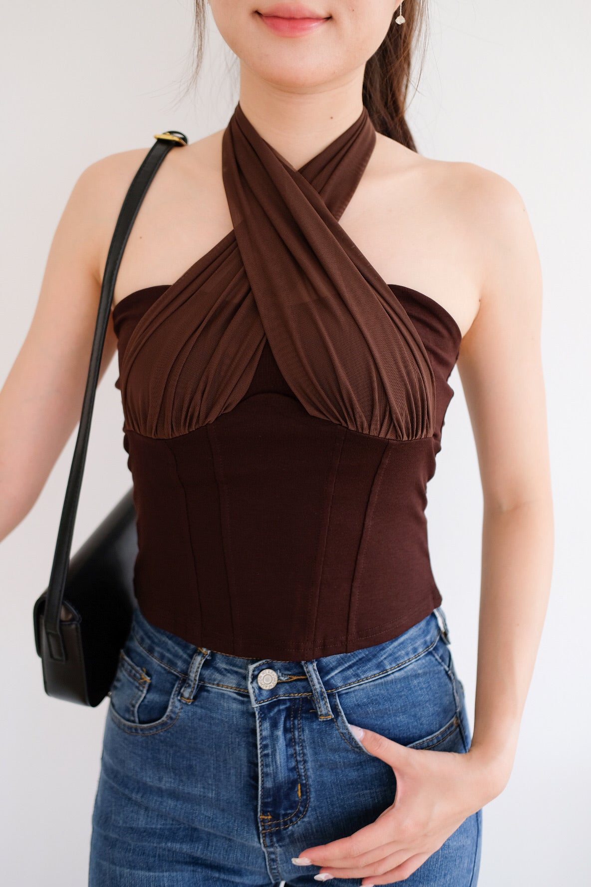 Siren Padded Halter Self Tie Top (Mocha)