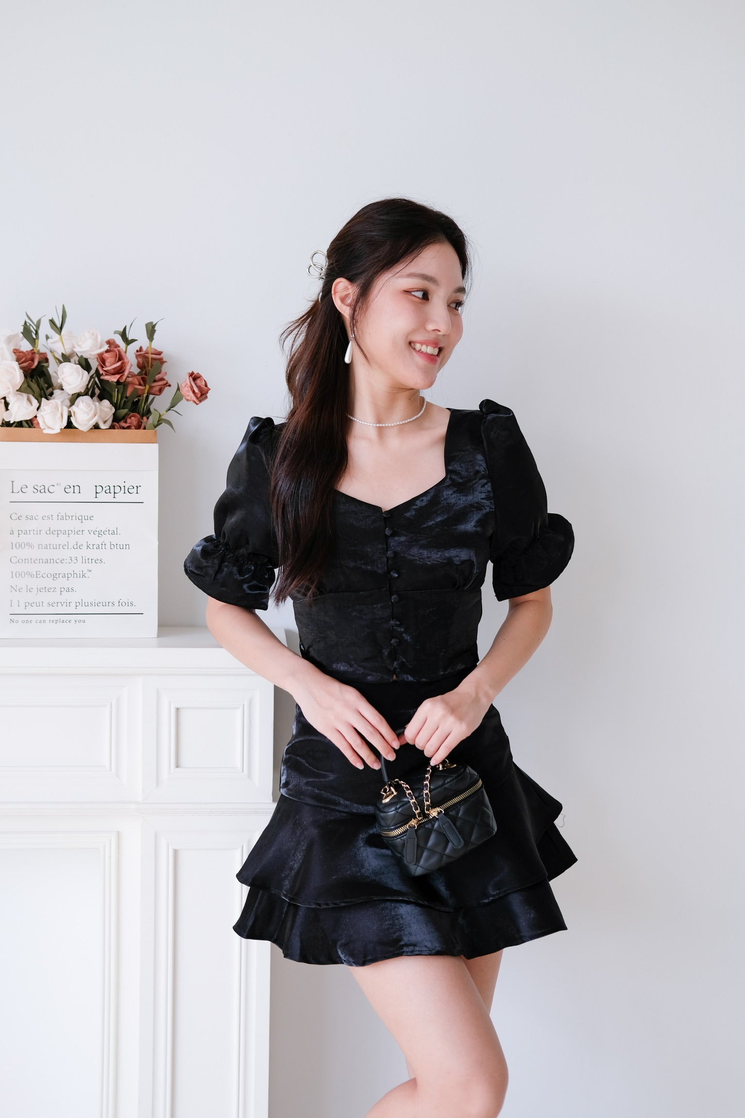 Lush Shimmer Satin Flare Set (Black)