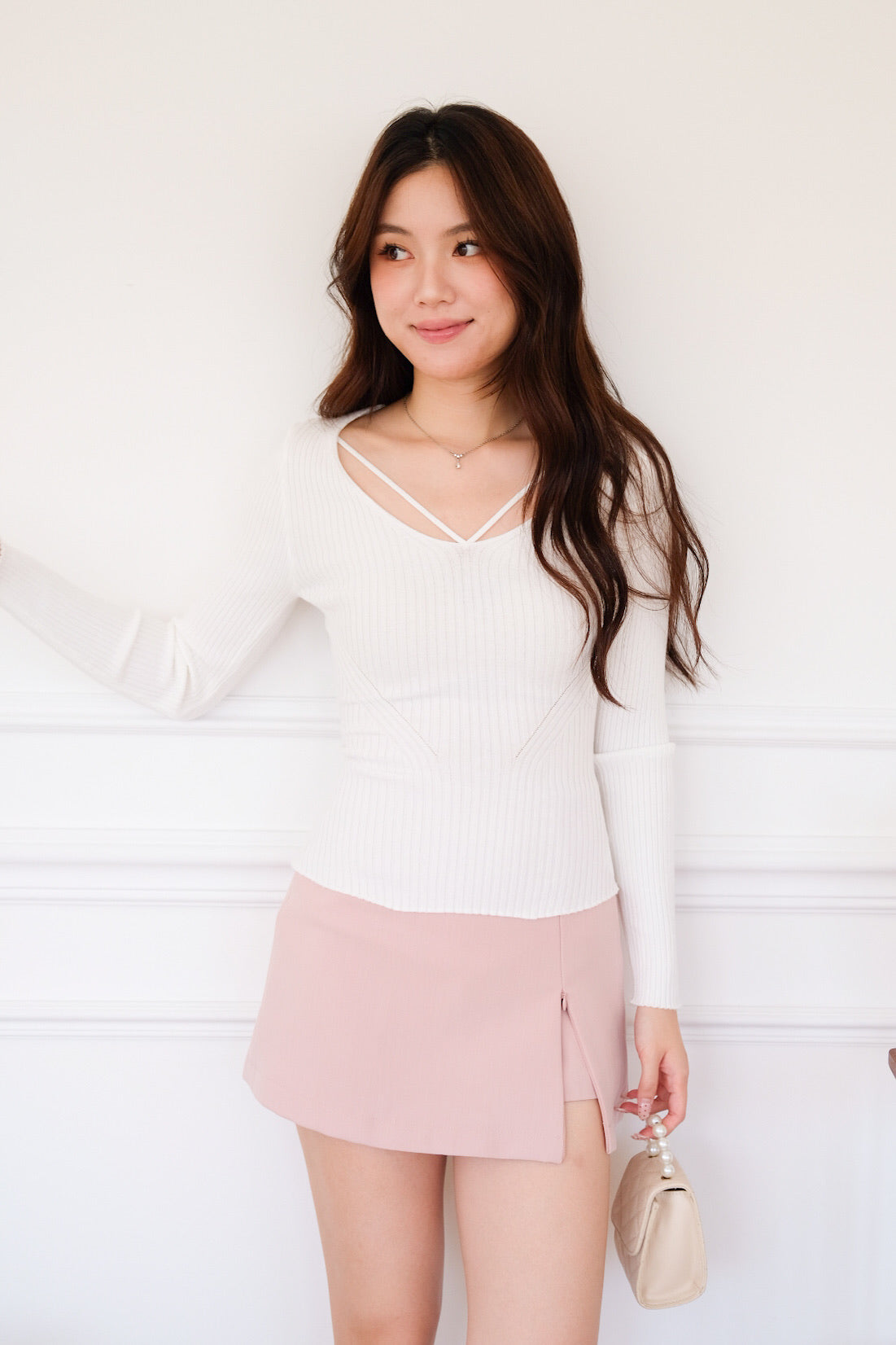 Tristan V Line Sculpted Long Sleeves Top (White)