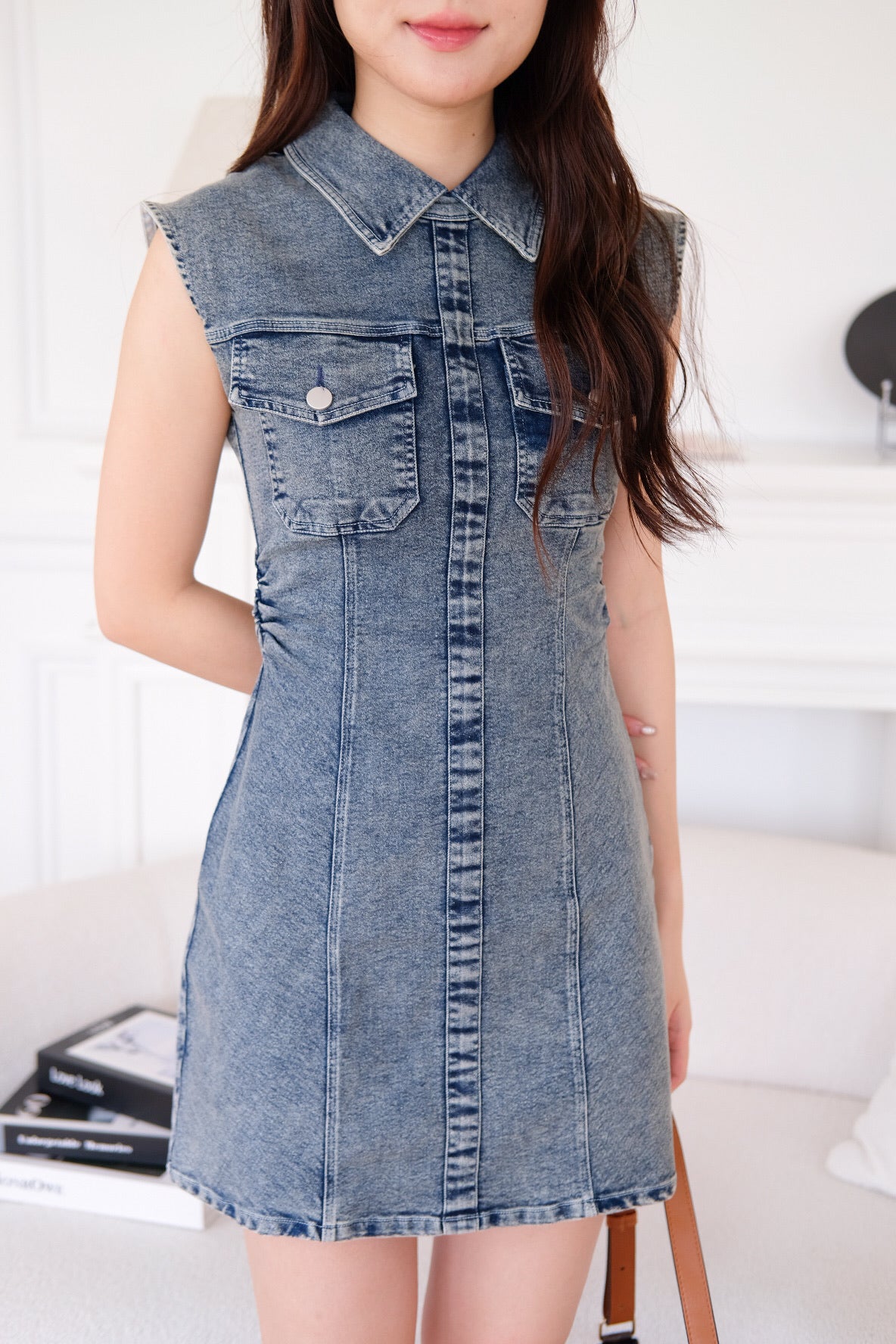 Zia Collared Denim Dress (Acid Medium Blue)