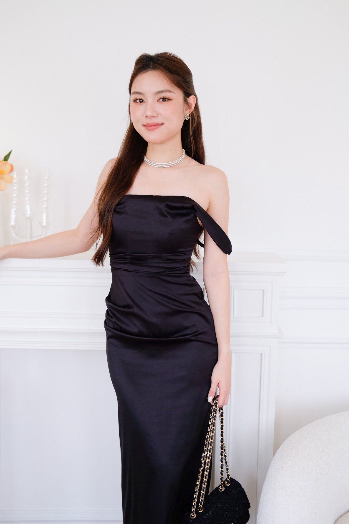 Ophelia Satin Mermaid Maxi Dress (Black)