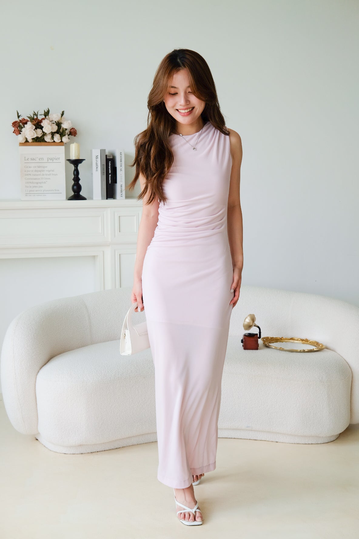 Paisley Ruched Jewel Bodycon Dress (Baby Pink)