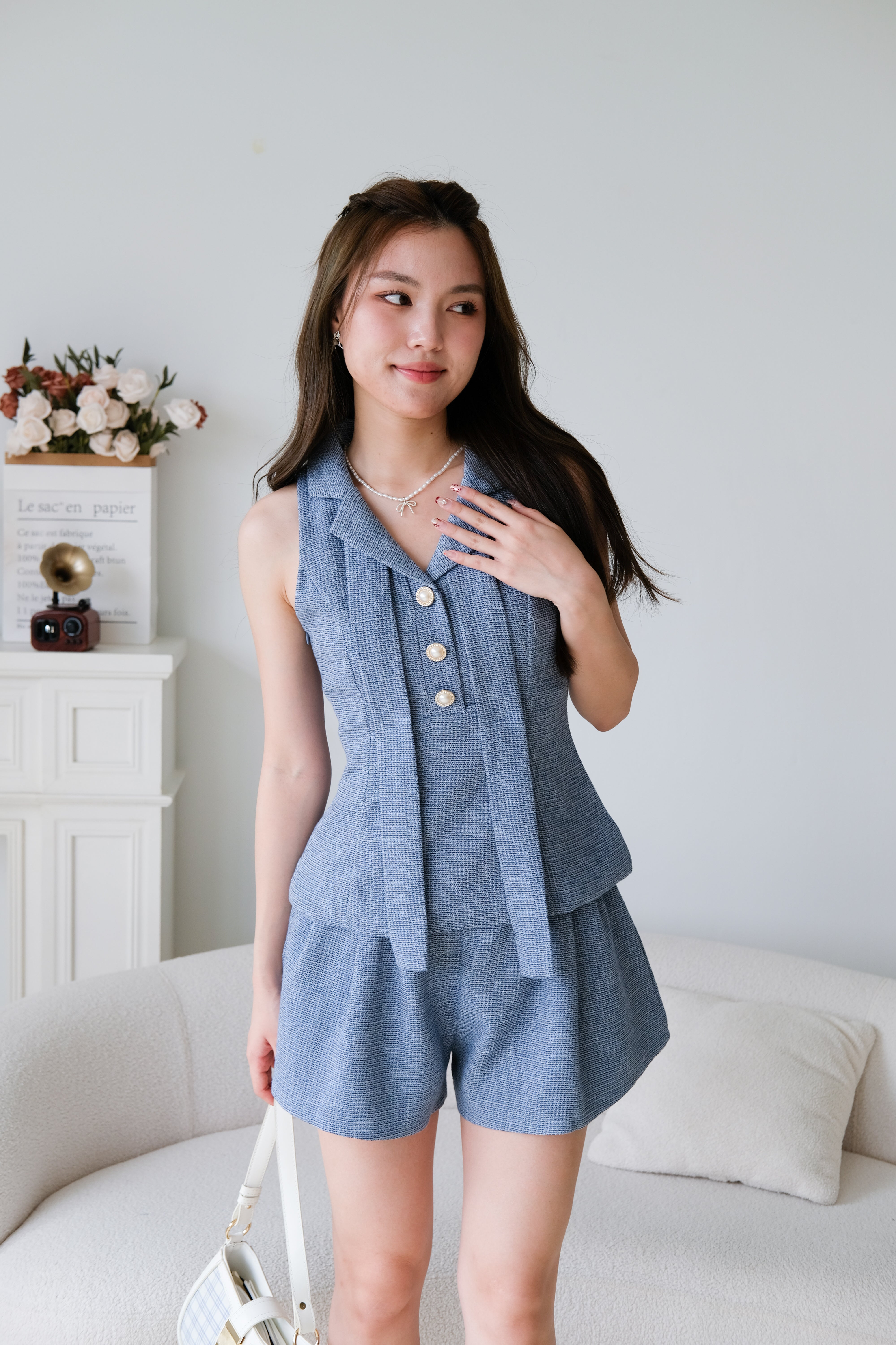 Gwen Collared Tweed Set (Sea Blue)