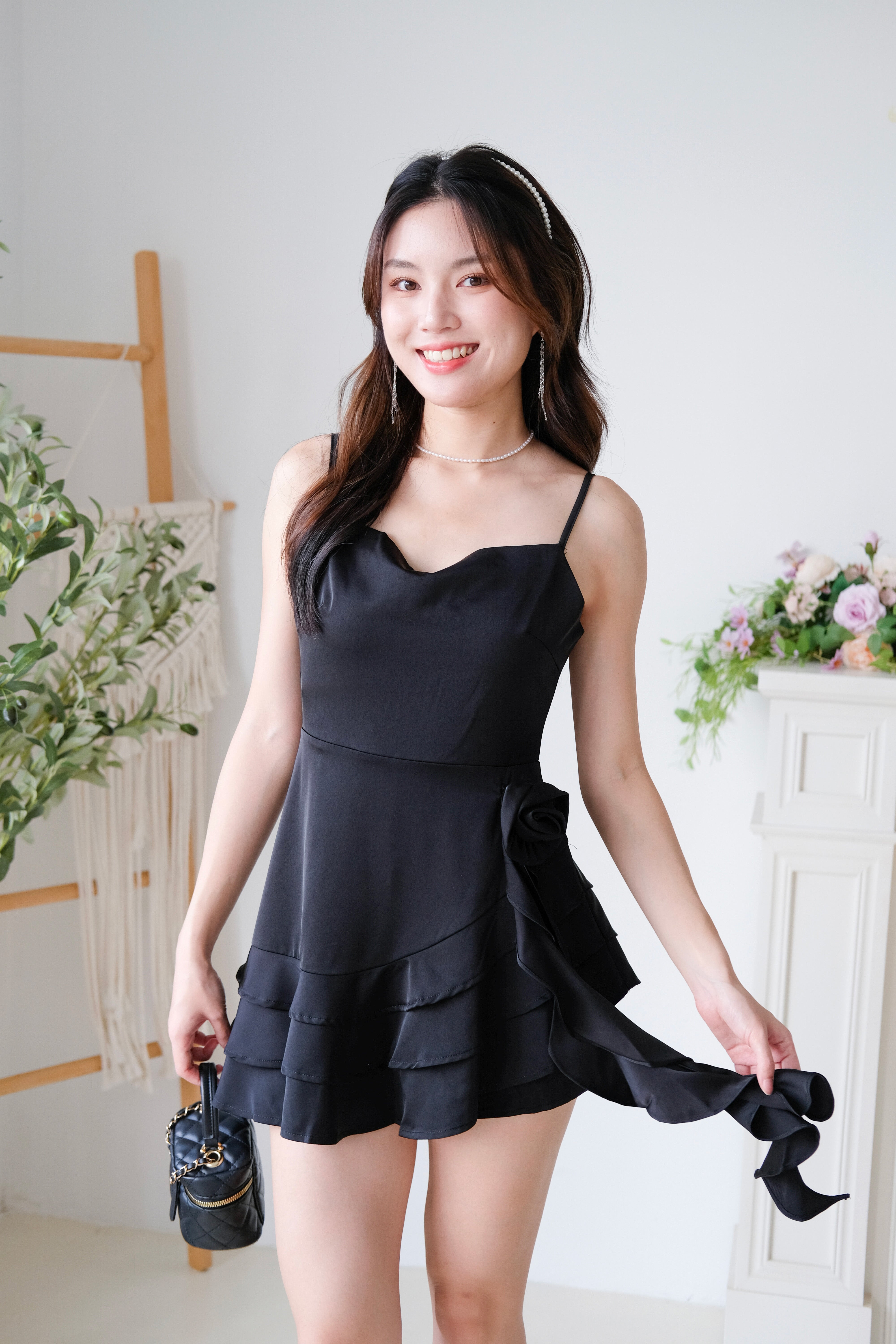 Dewy Satin Ruffle Dress (Black)