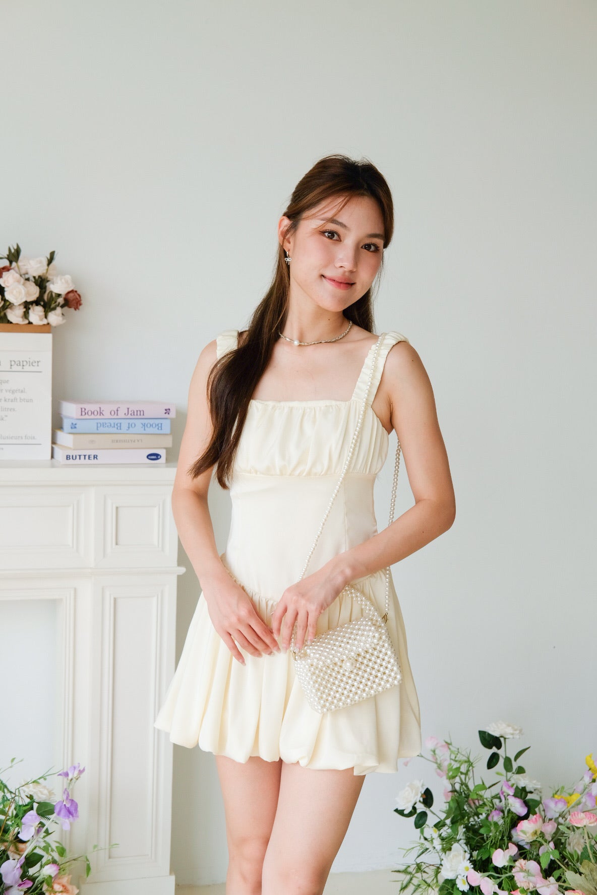 Alesha Ruched Bubble Skater Dress (Pale Yellow)
