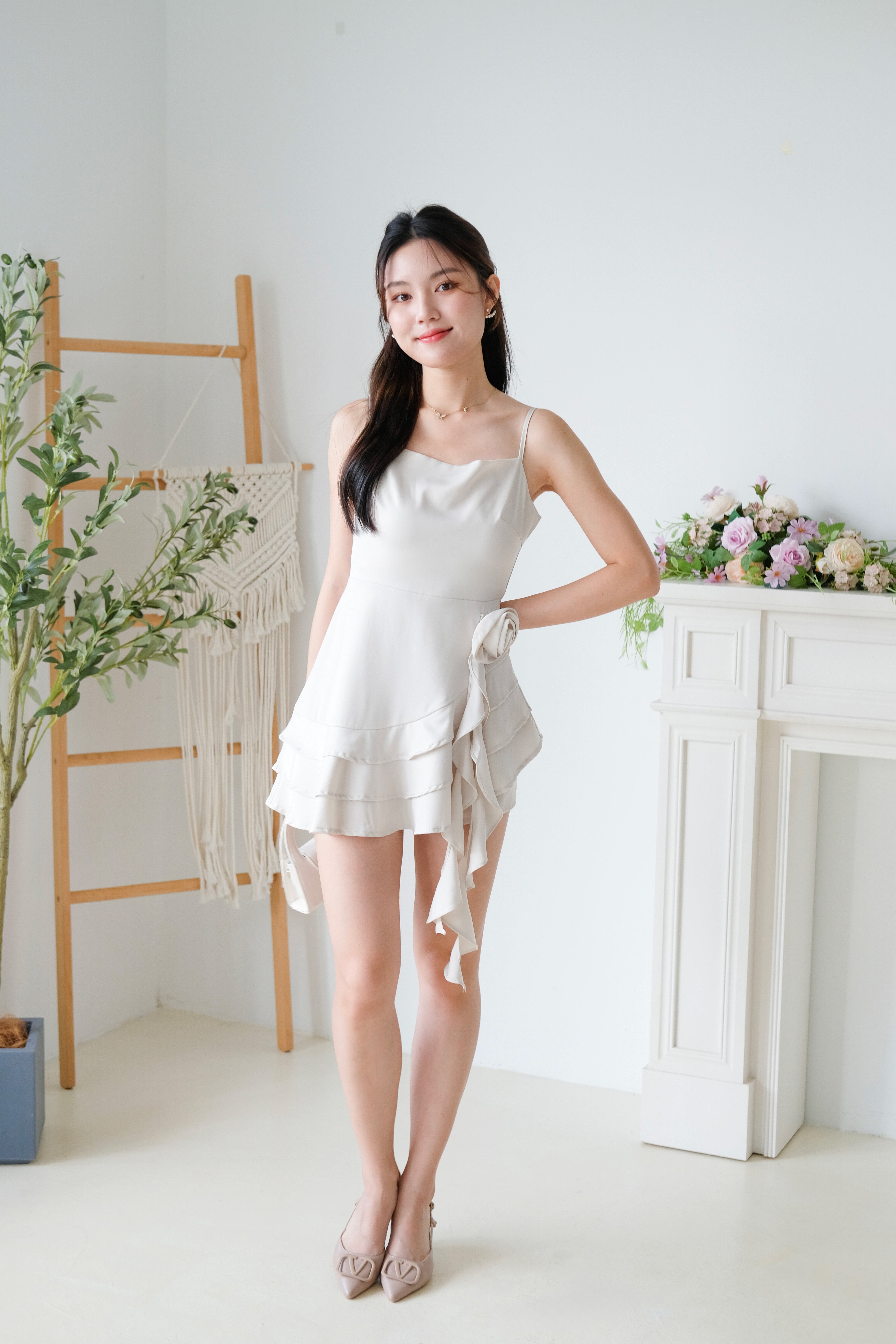 Dewy Satin Ruffle Dress (Champagne)