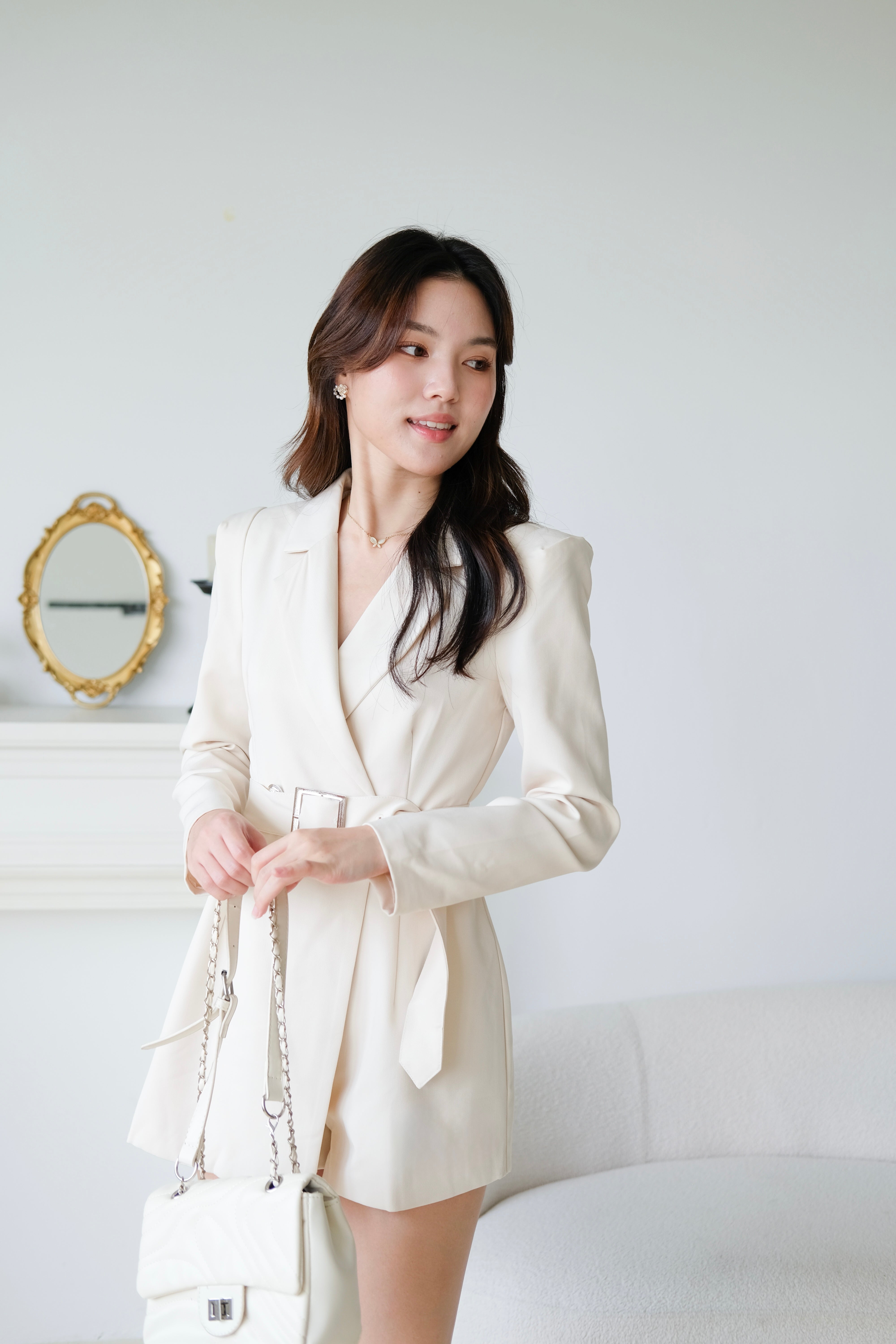 Quinn Blazer Belted Romper (Beige)