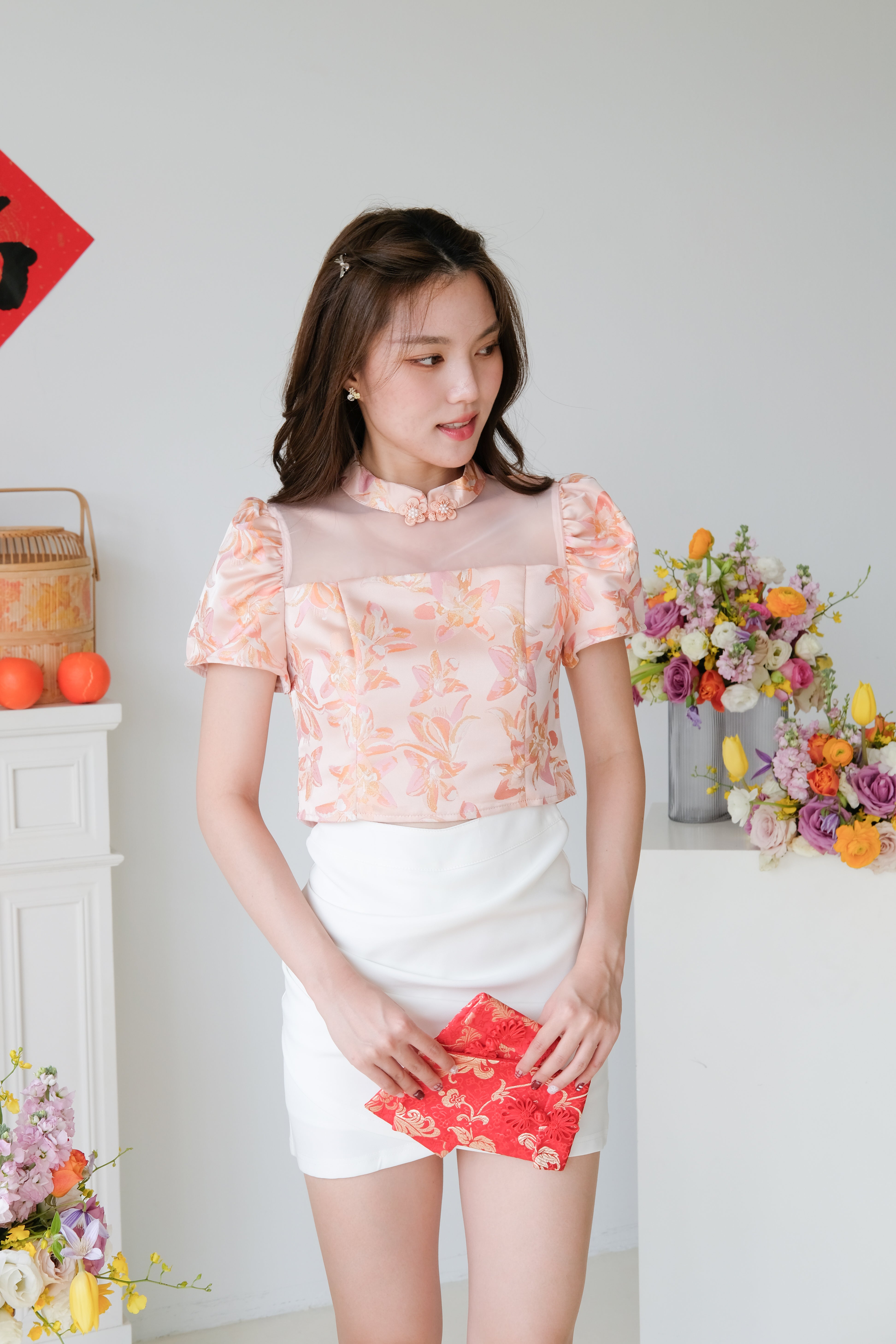 Yan Sleeve Cheongsam Top (Tangerine Pink)