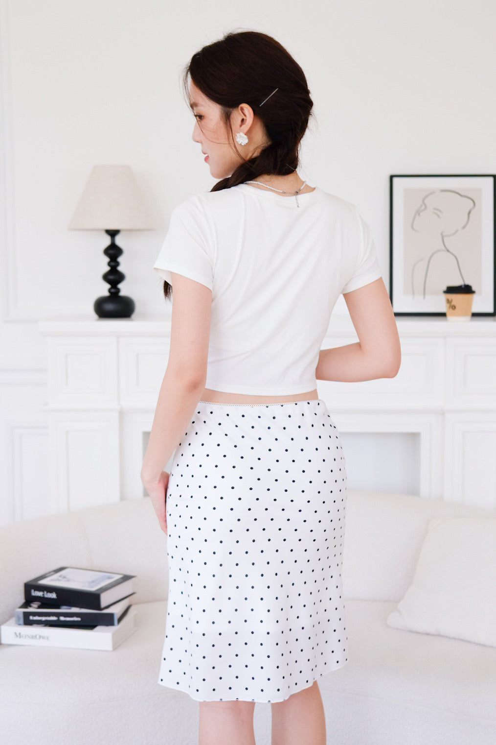 Clarise Mini Bow Knee Length Flare Skirt (Polka White)
