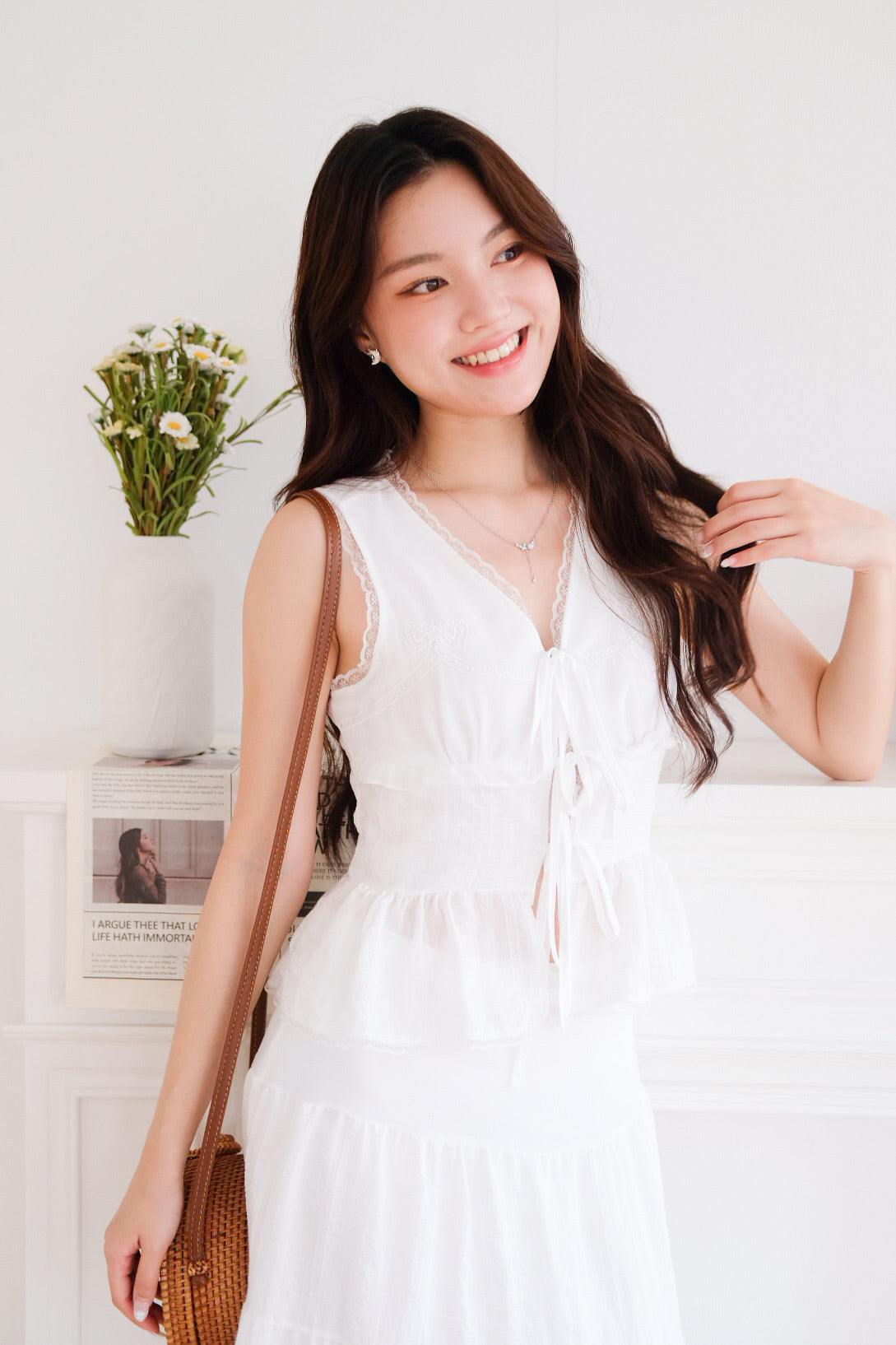 Yanice Ruffle Ribbon Vest Top (White)