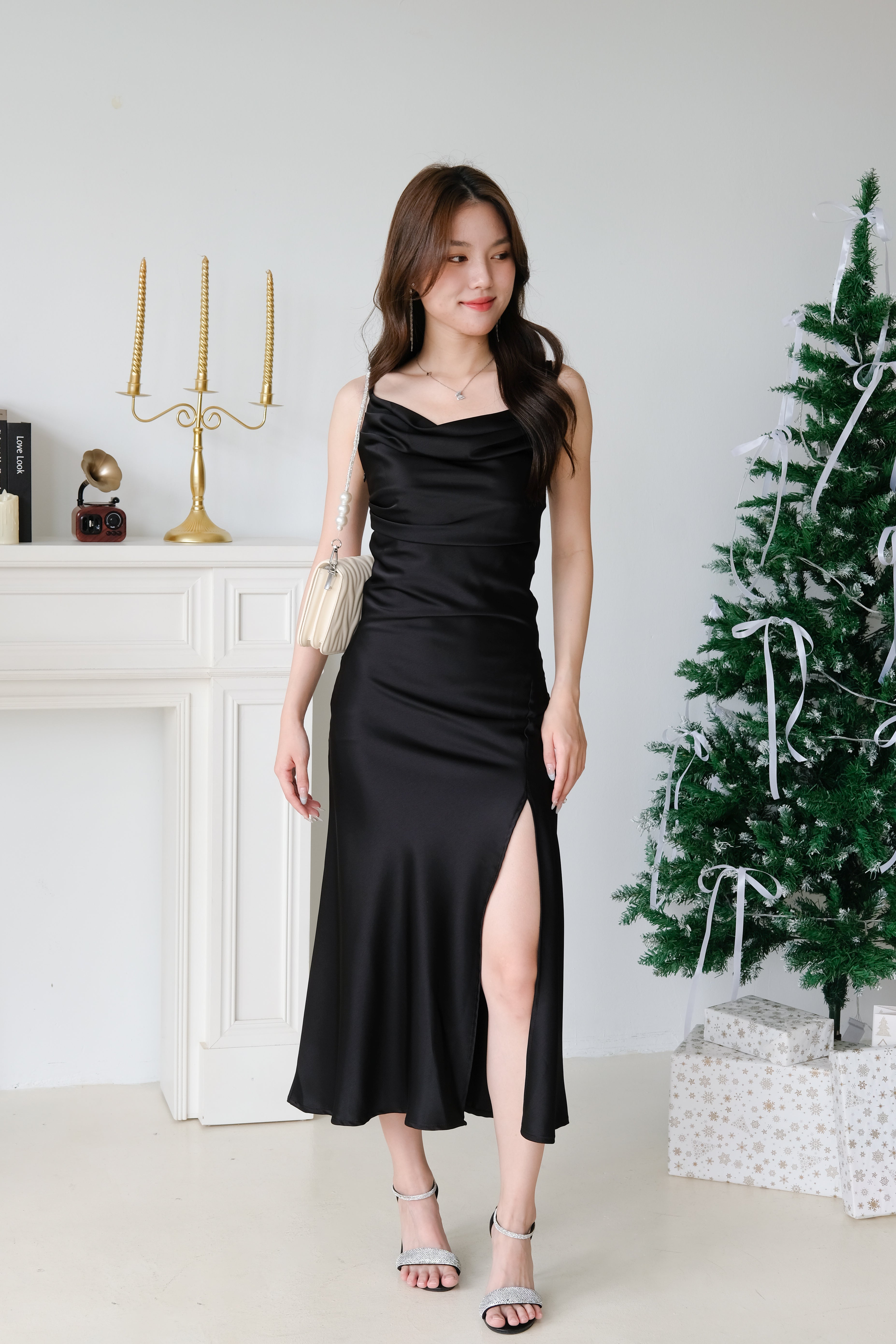Angel Draped Mermaid Satin Midi Dress (Black)