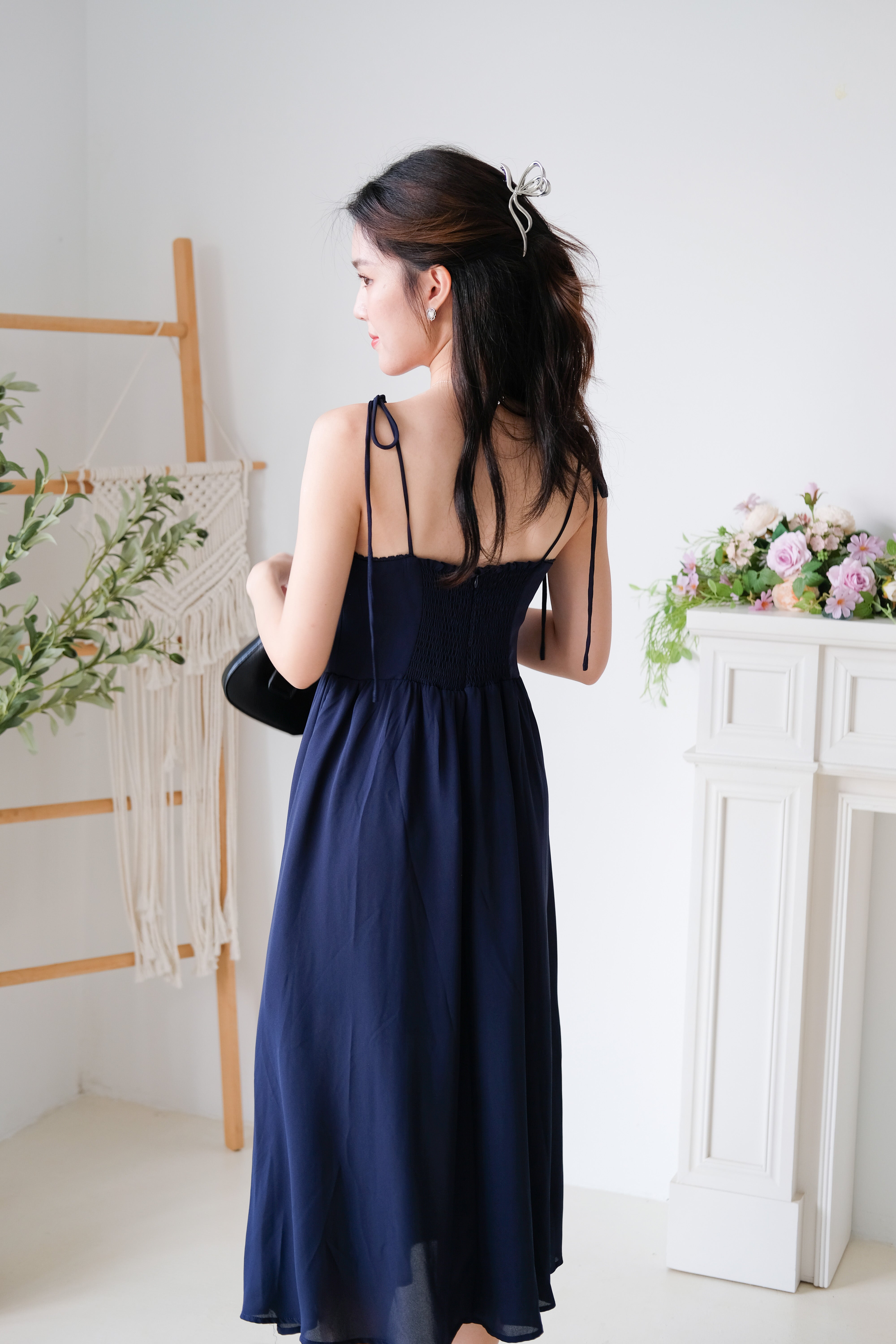 Rowena Coquette Midi Dress (Navy Blue)