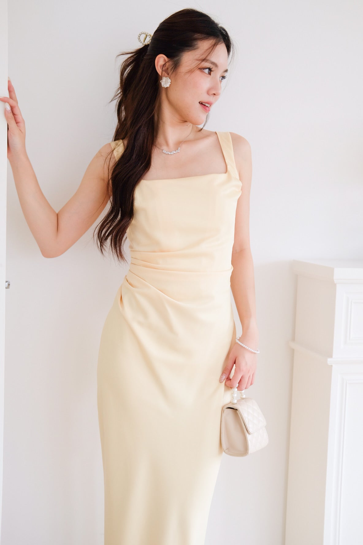 Adora Satin Mermaid Maxi Dress (Light Yellow)