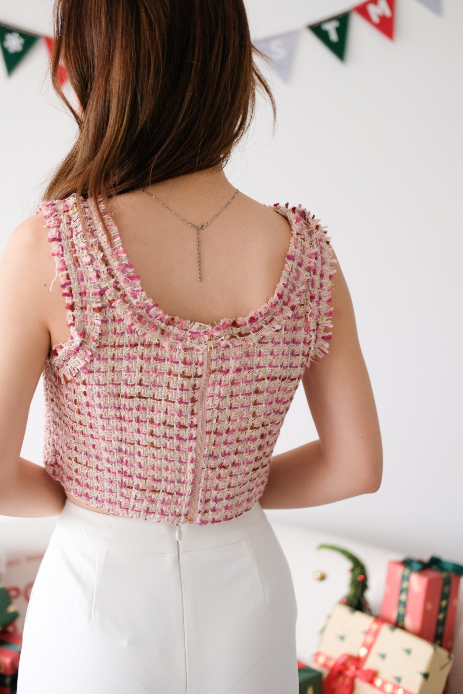 Mirea Frills Tweed Crop Top (Magenta)