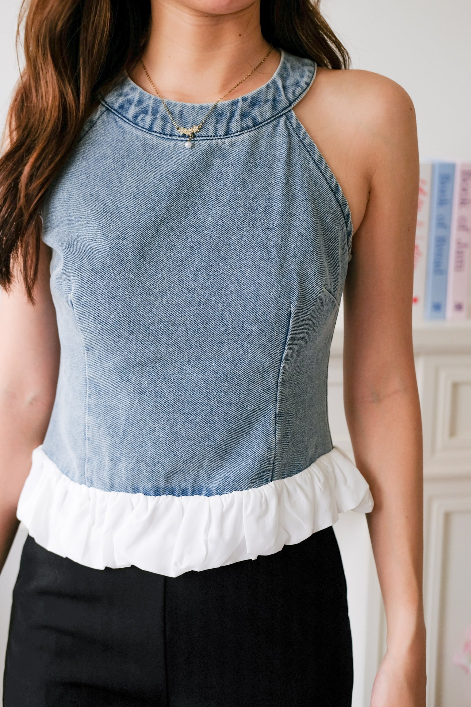 Lica Bubble Cloud Halter Denim Top (Acid Blue)