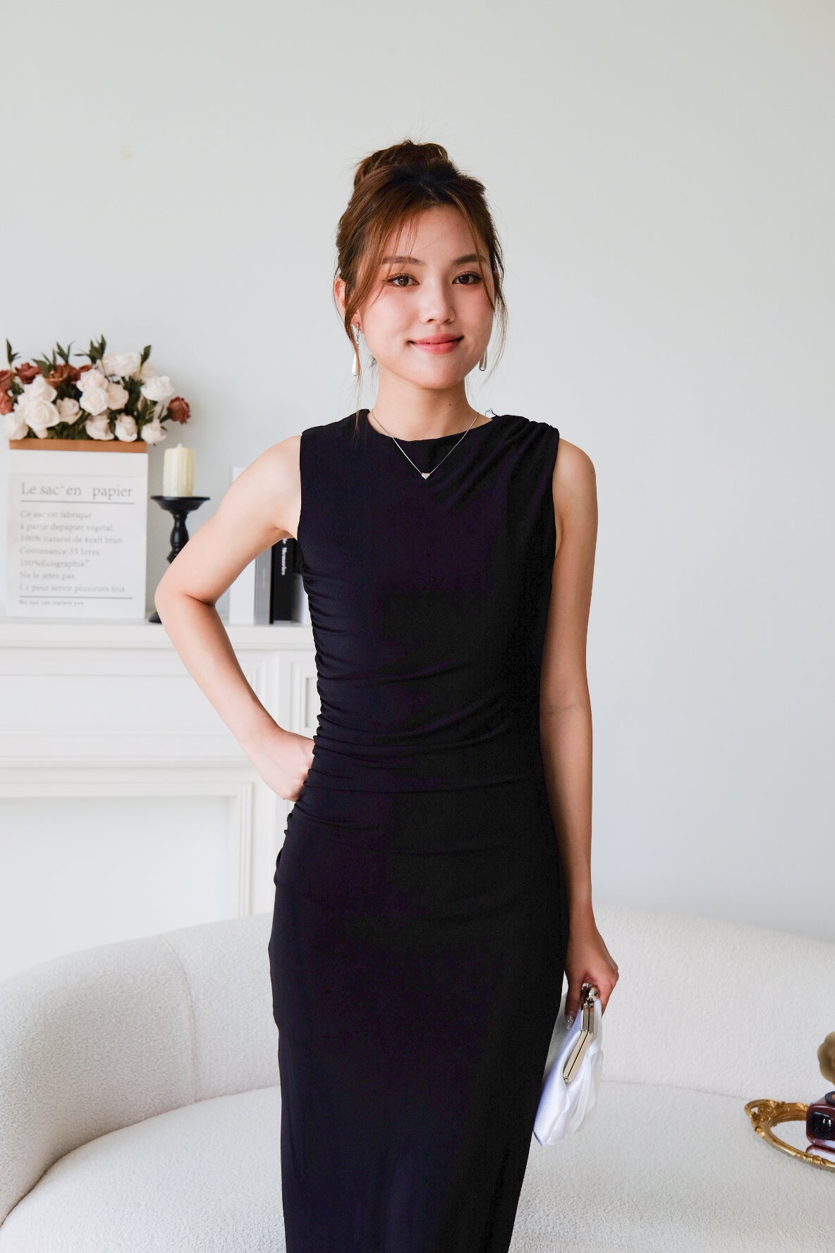 Paisley Ruched Jewel Bodycon Dress (Black)