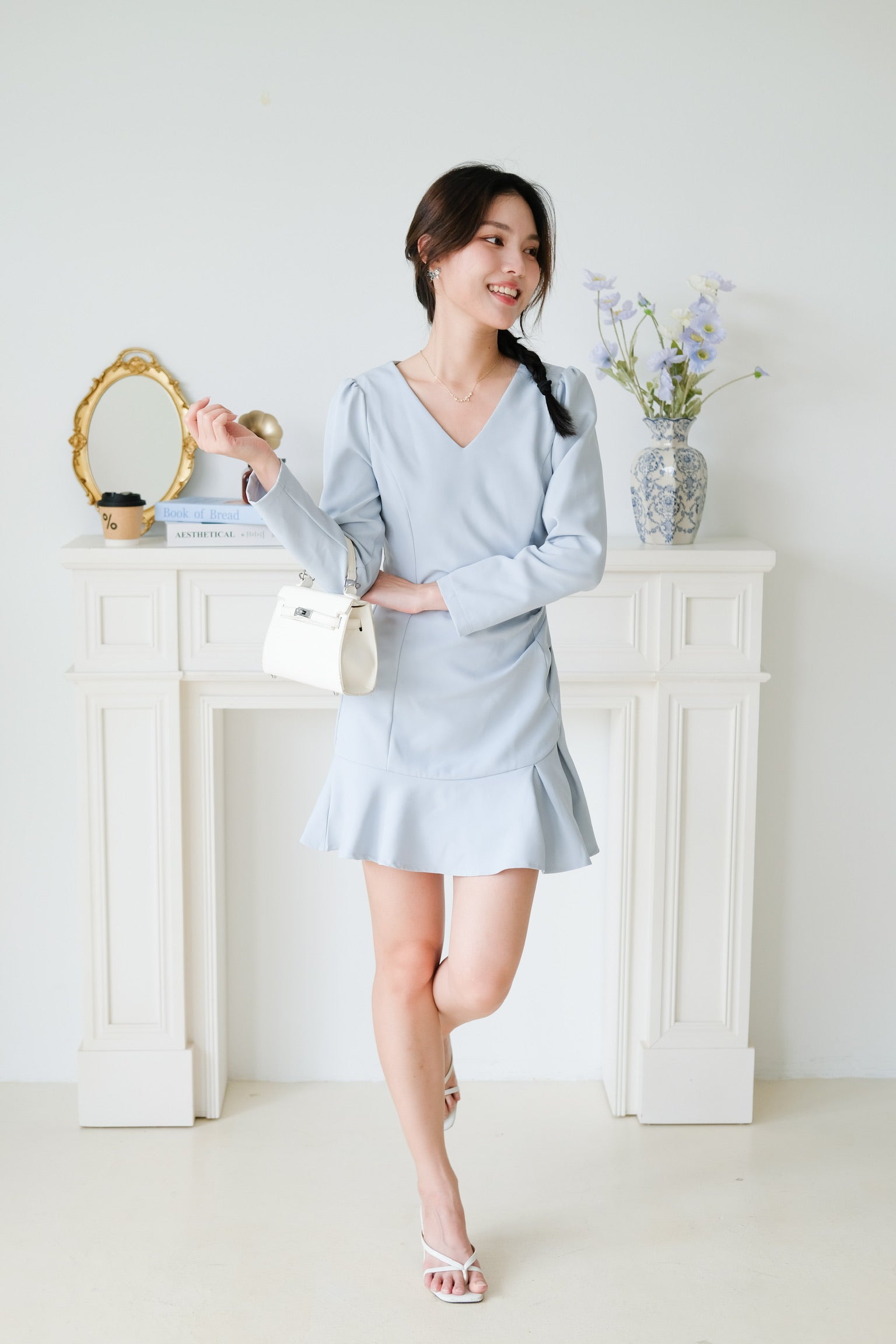 Phoebe Sleeves Ruffle Dress (Dusty Blue)