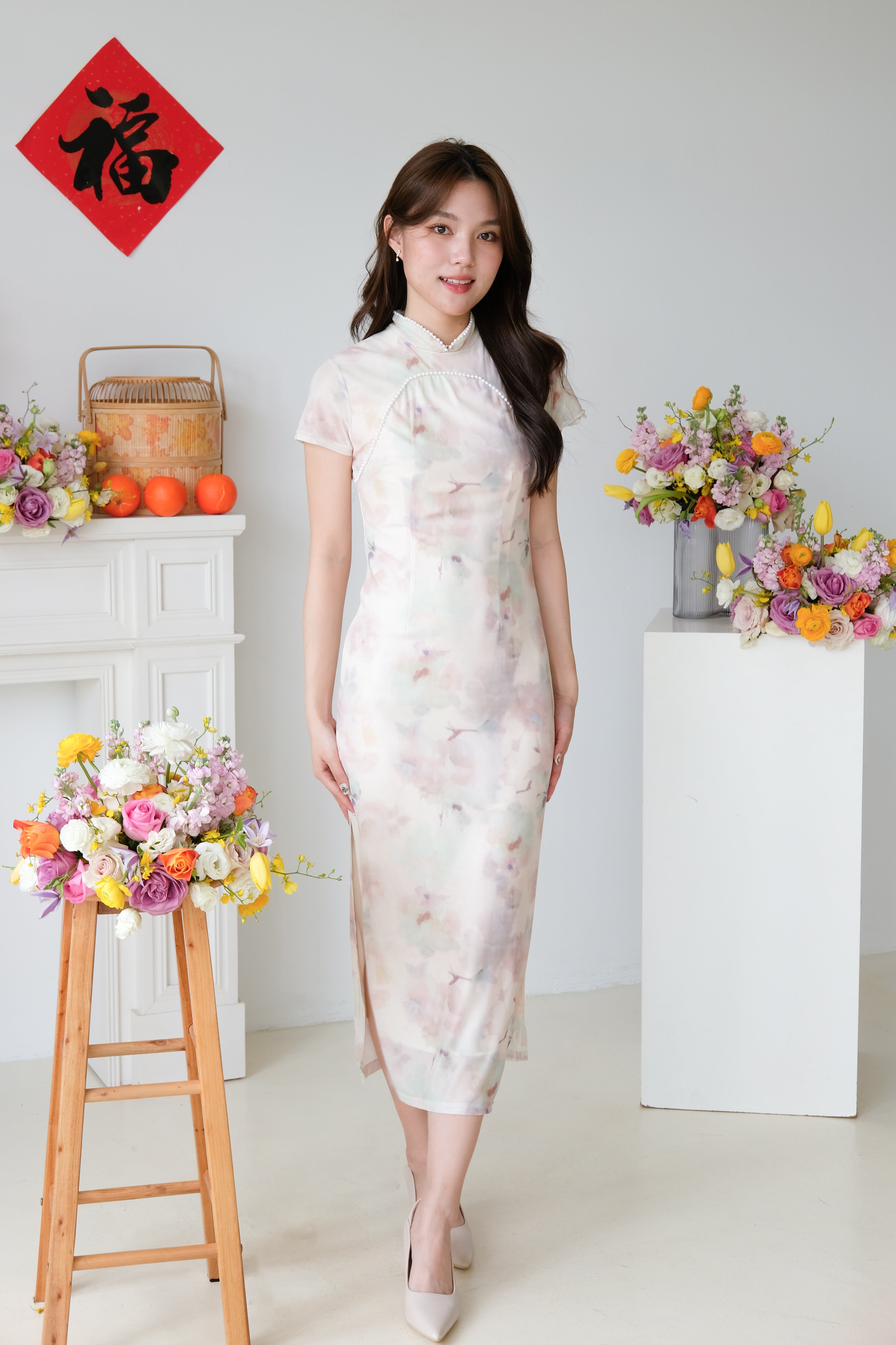Emerald Mini Pearl Sleeve Maxi Cheongsam (Green Pink)