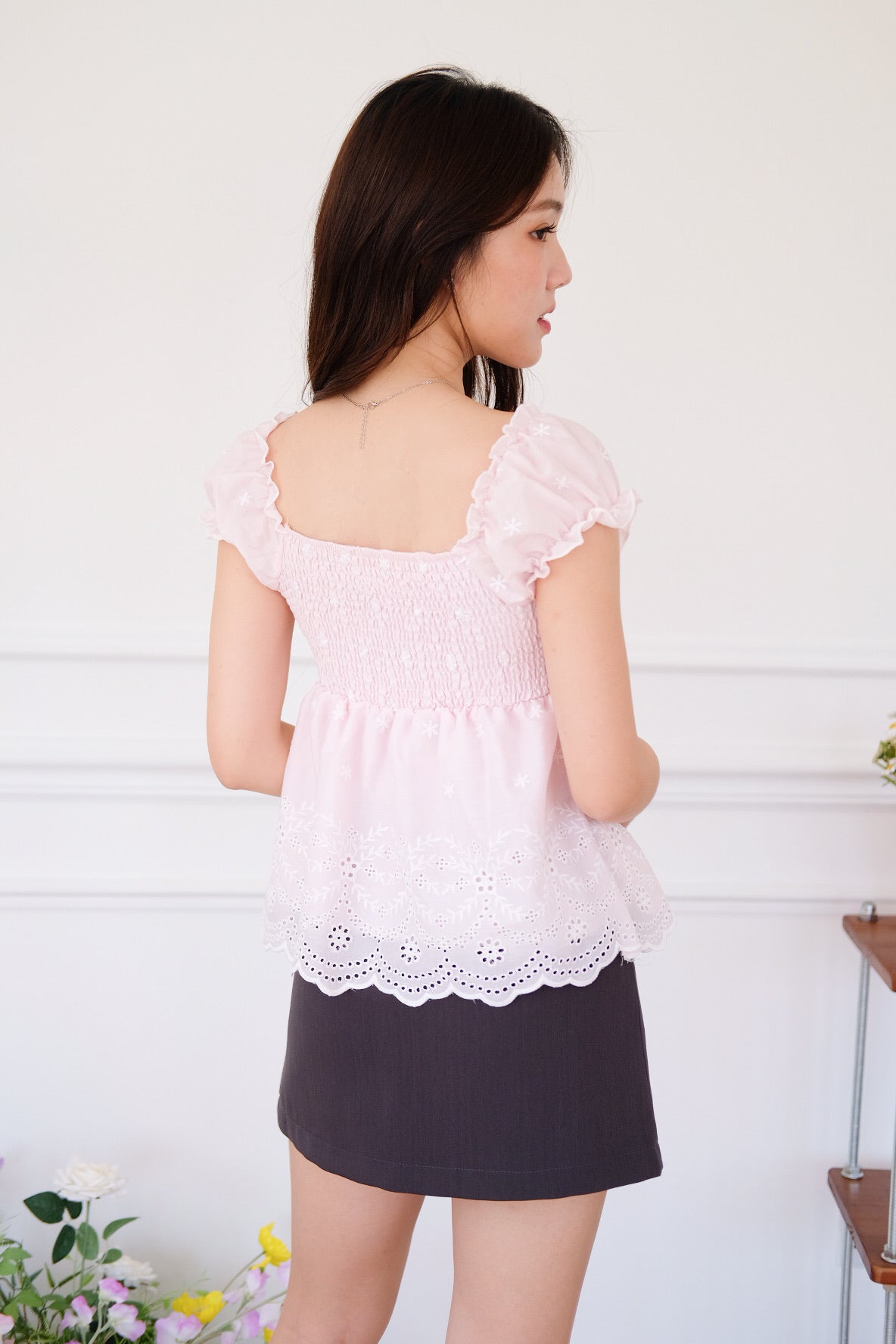 Kylin Eyelet Ruched Peplum Top (Baby Pink)