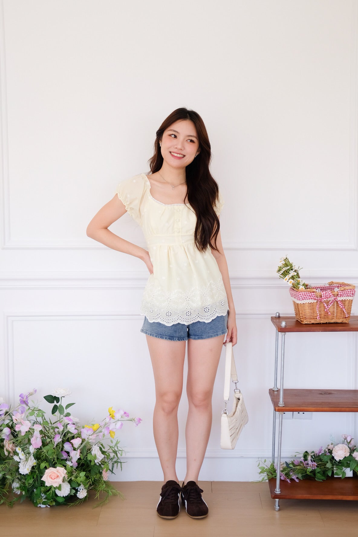 Kylin Eyelet Ruched Peplum Top (Sunshine Yellow)